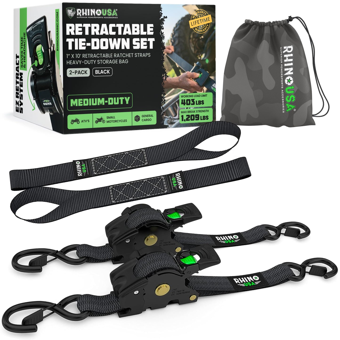 Rhino USA Retractable Ratchet Straps (4-Pack) - 1 Inch x 10 Feet (1,209lb Break Strength) - Heavy Duty Auto Self Retracting Tie Down Straps for Truck, Cargo Trailer, Motorcycle, Rad & More - Black