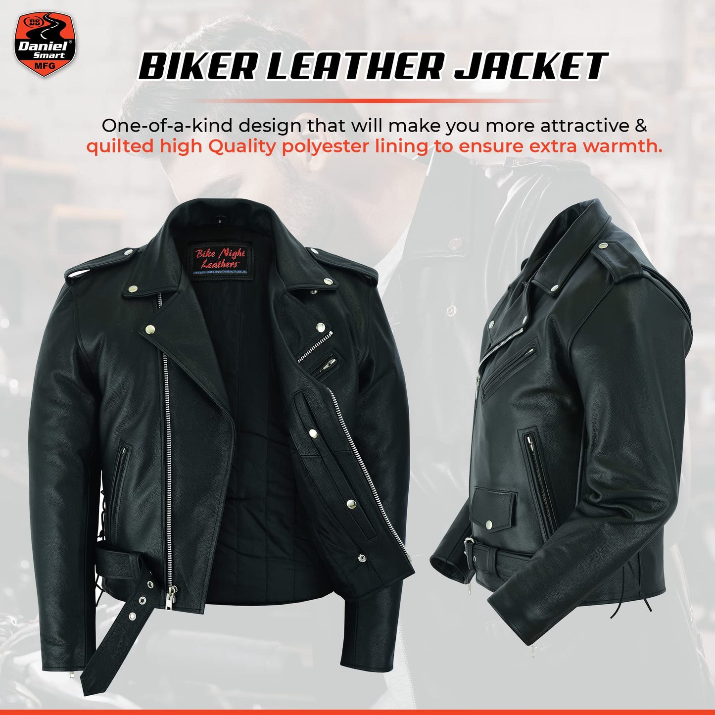 Daniel Smart Men Motorcycle Leather Jacket Black Economy Biker Leather Jacket with inside inside