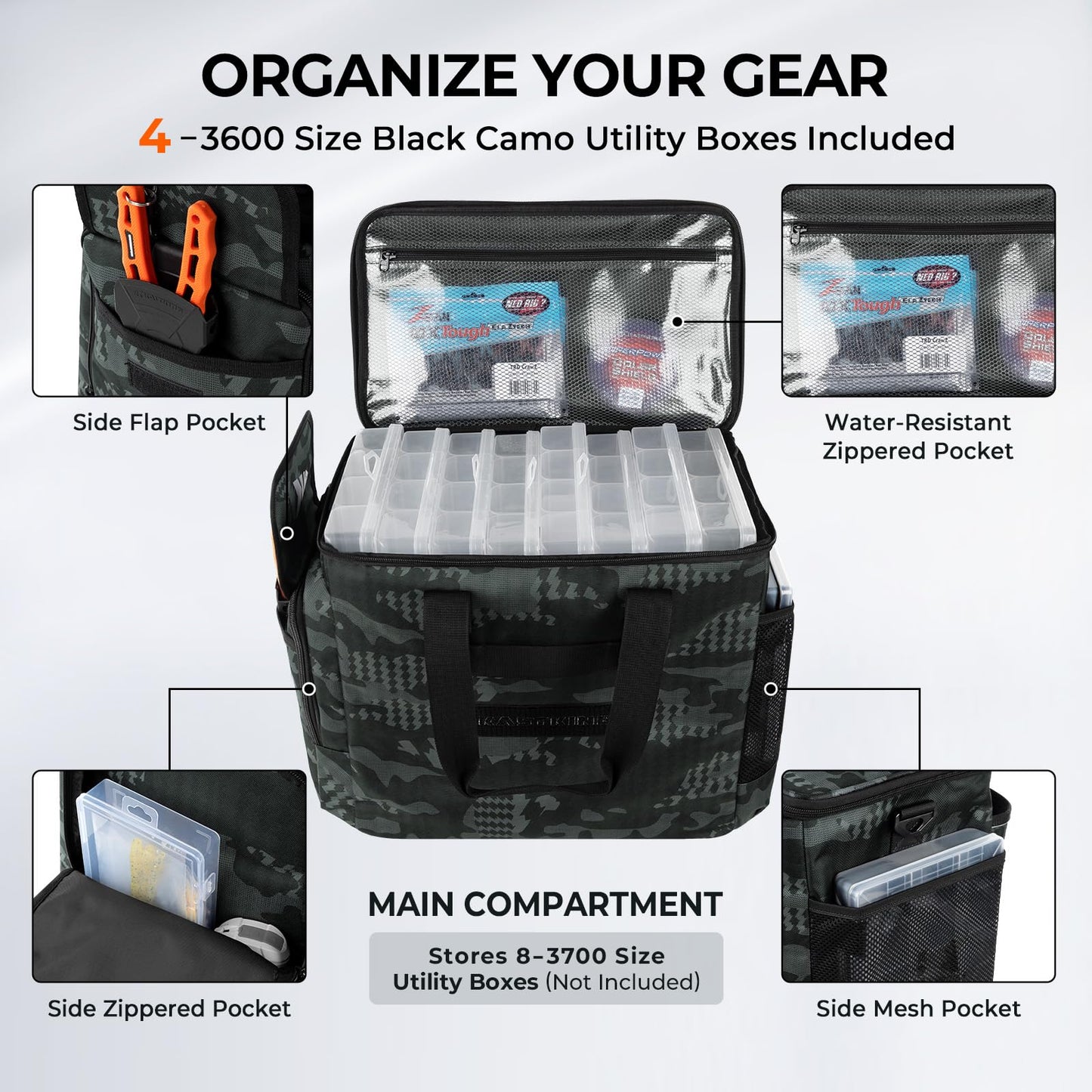 KastKing BaitSpace Fishing Tackle Bag With 4 Tackle Boxes & Removable Bait Binder, Water-Resistant Tackle Storage, Durable Fishing Gear, Adjustable Shoulder Strap