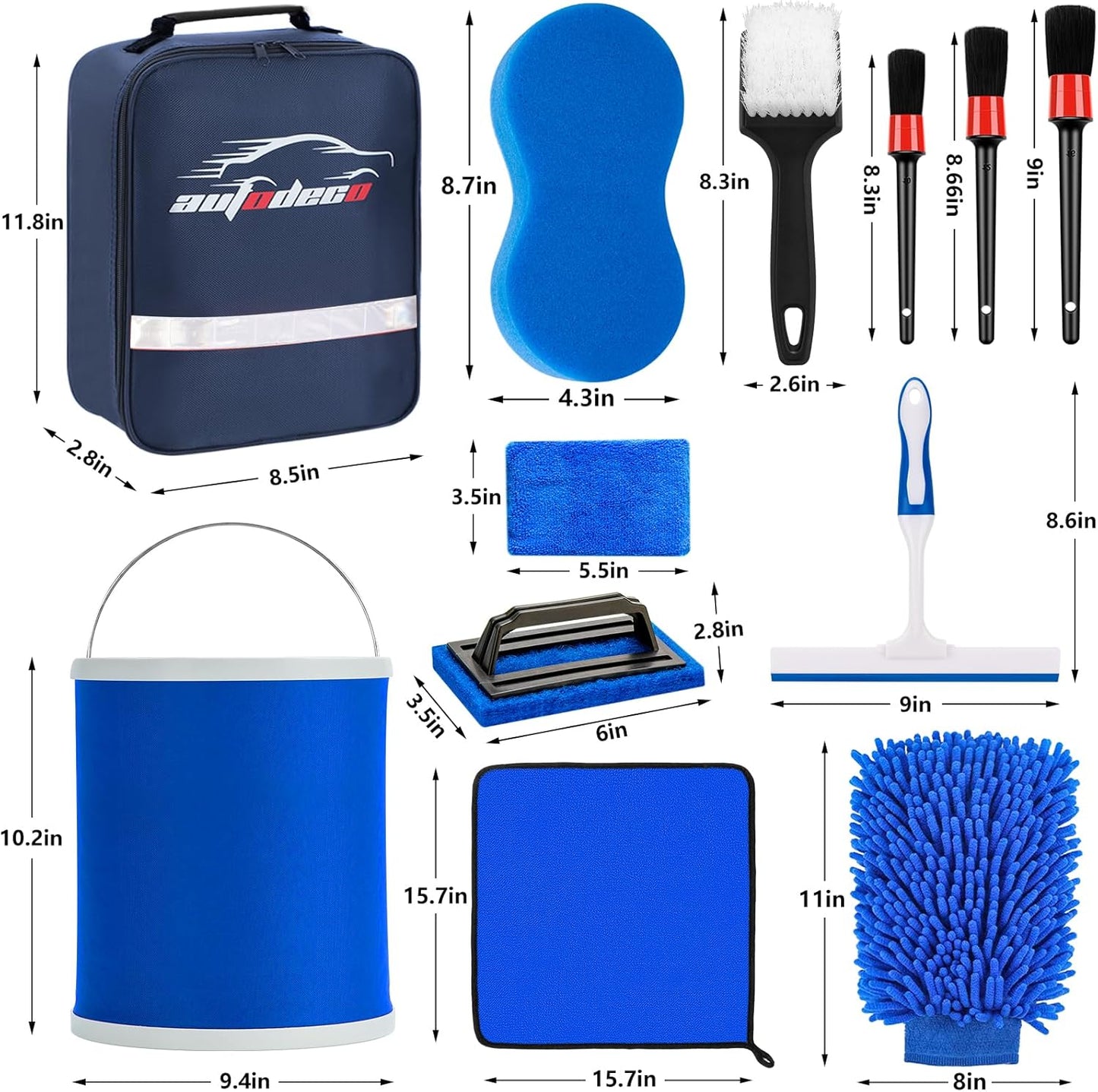 AUTODECO 12Pcs Boat Wash Cleaning Kit with Collapsible Bucket Wash Sponge Mitt Microfiber Towel Squeegee Scrub Pads Brushes Complete Interior Exterior Cleaning Set for Boat