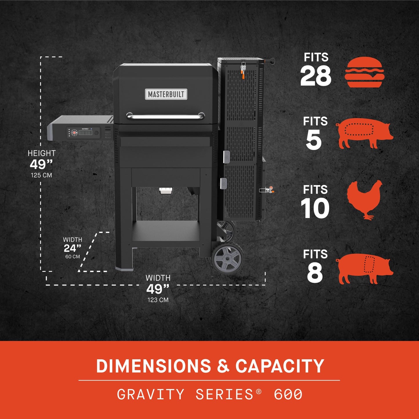 Masterbuilt® Gravity Series® 600 Digital Charcoal Grill and Smoker,WiFi Technology, GravityFed™ Charcoal Hopper, 600 Cooking Sq. Inches, Reversible Smoke&Sear Cast Iron Grates, Black, Model MB20041023