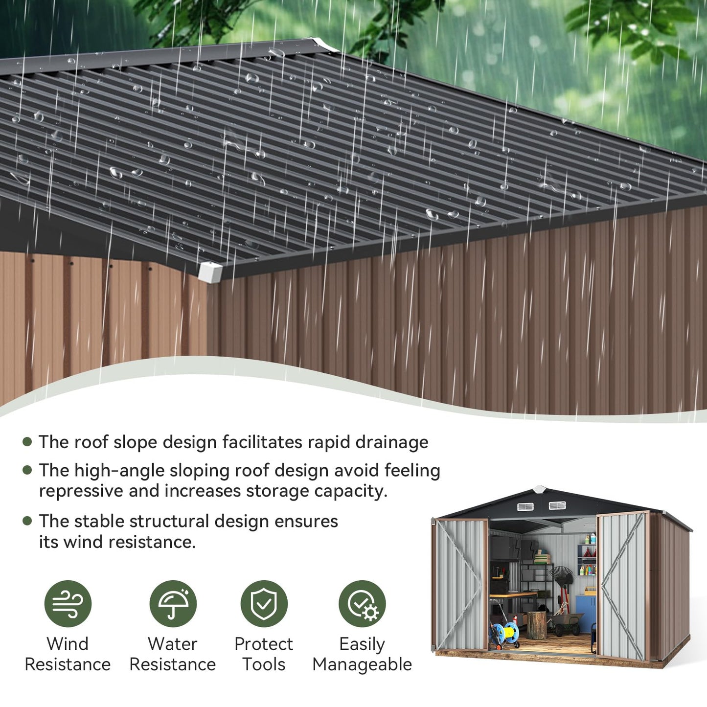 Aoxun 12x10 FT Shed Metal Outdoor Waterproof Storage Shed Steel Utility Garden Tool Shed with Door & Lock Outdoor Storage for Garden Patio Lawn Poolside, Brown