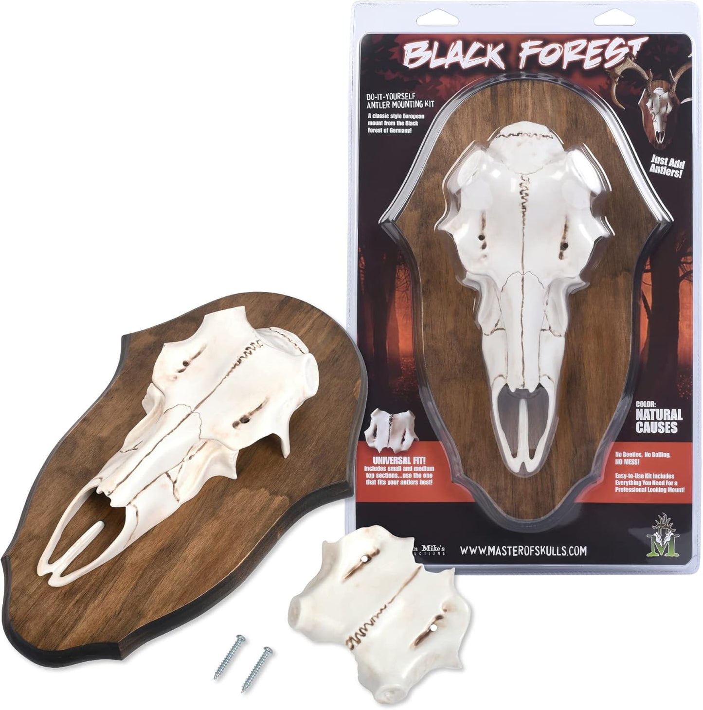 Mountain Mike’s Black Forest Universal Antler Mounting Kit - Plaque and 3D Skull Mount Kit - Compatible with Harvested and Shed Antlers - Rustic Home Decor - Great Outdoor Inspired (Natural Causes)