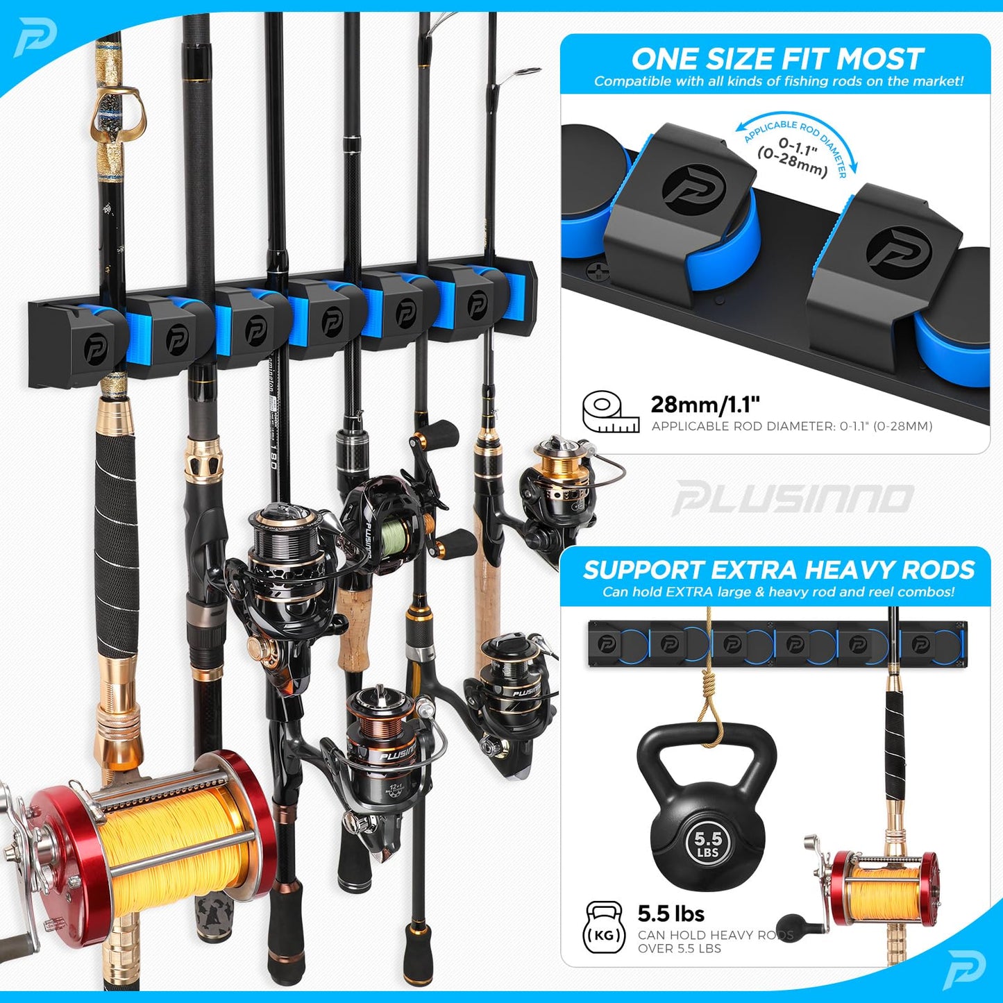 PLUSINNO Vertical Fishing Rod Holder, Wall Mounted Fishing Rod Rack, Fishing Pole Holder Holds Up to 9 Rods or Combos, Fishing Rod Holders for Garage, Fits Most Rods of Diameter 3-19mm