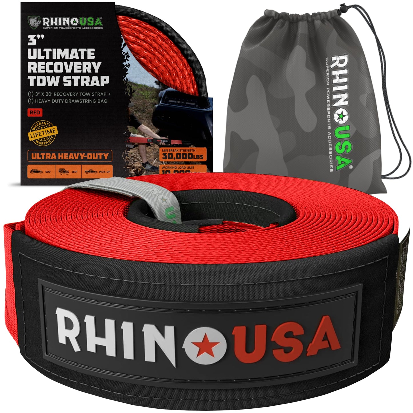 Rhino USA Recovery Tow Strap (3" x 20') - 31,518lb Break Strength - Emergency Recovery Strap Tow Rope for Truck, UTV, ATV & More - Heavy Duty Towing Strap for Offroad 4x4 Use - Compatible with Jeep