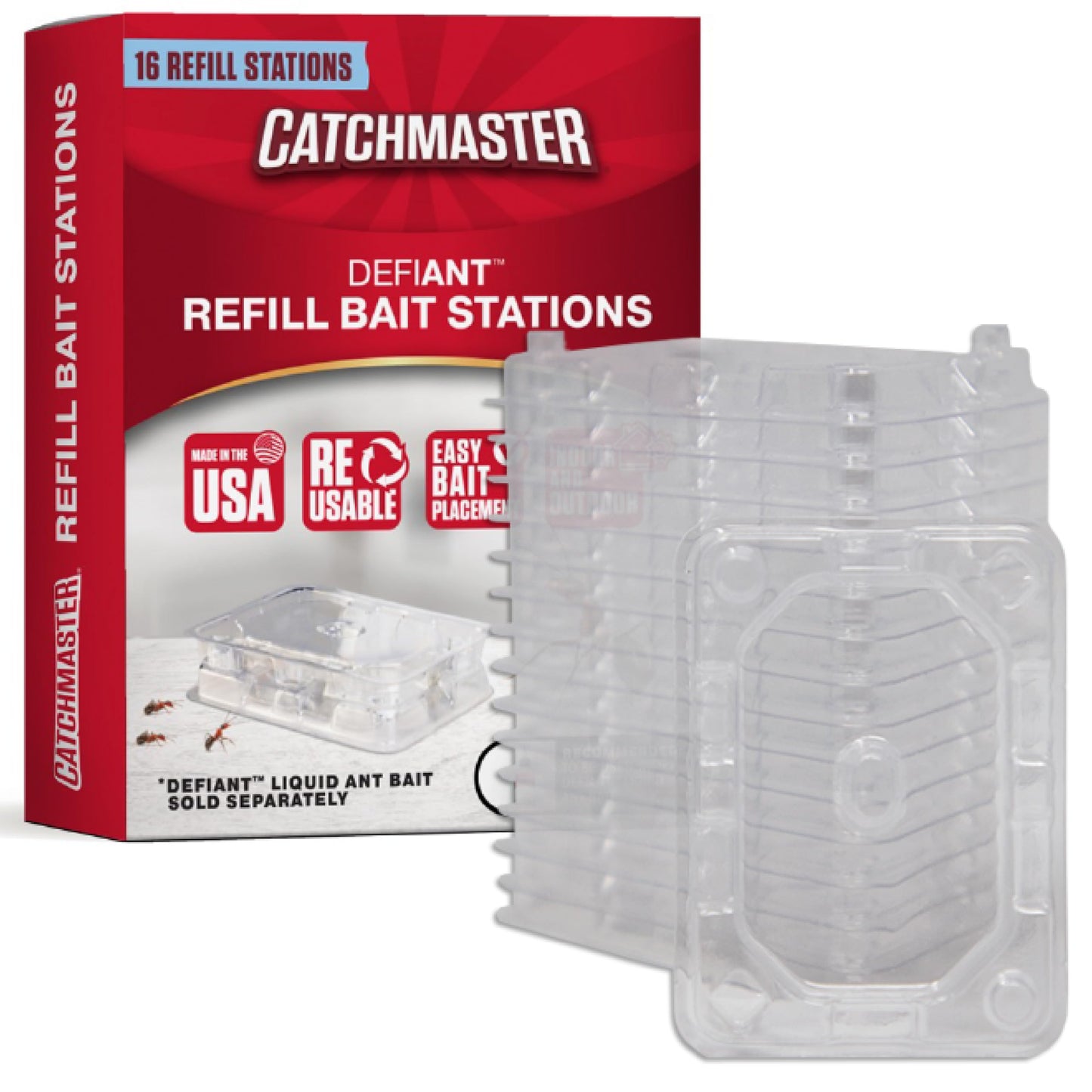 Catchmaster DefiANT Liquid Ant Killer Indoor (50 uses) + 4 Reusable Liquid Ant Bait Stations (2 Stacked), Multi-Surface Pest Control Traps for Home & Outdoor, Reduce & Remove Colonies, American Made