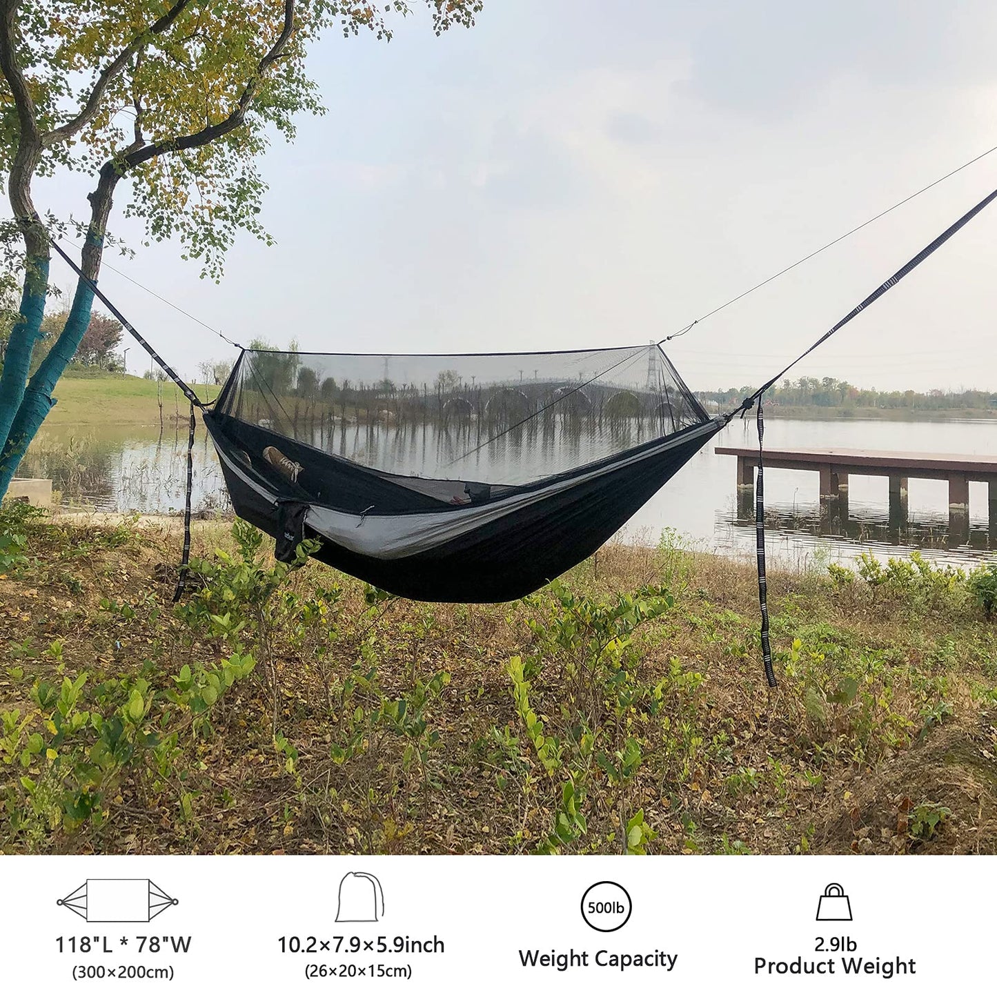 Sunyear Hammock Camping with Rain Fly Tarp and Net, Portable Camping Hammock Double Tree Hammock Outdoor Indoor Backpacking Travel & Survival, 2 Tree Straps,100% Waterproof