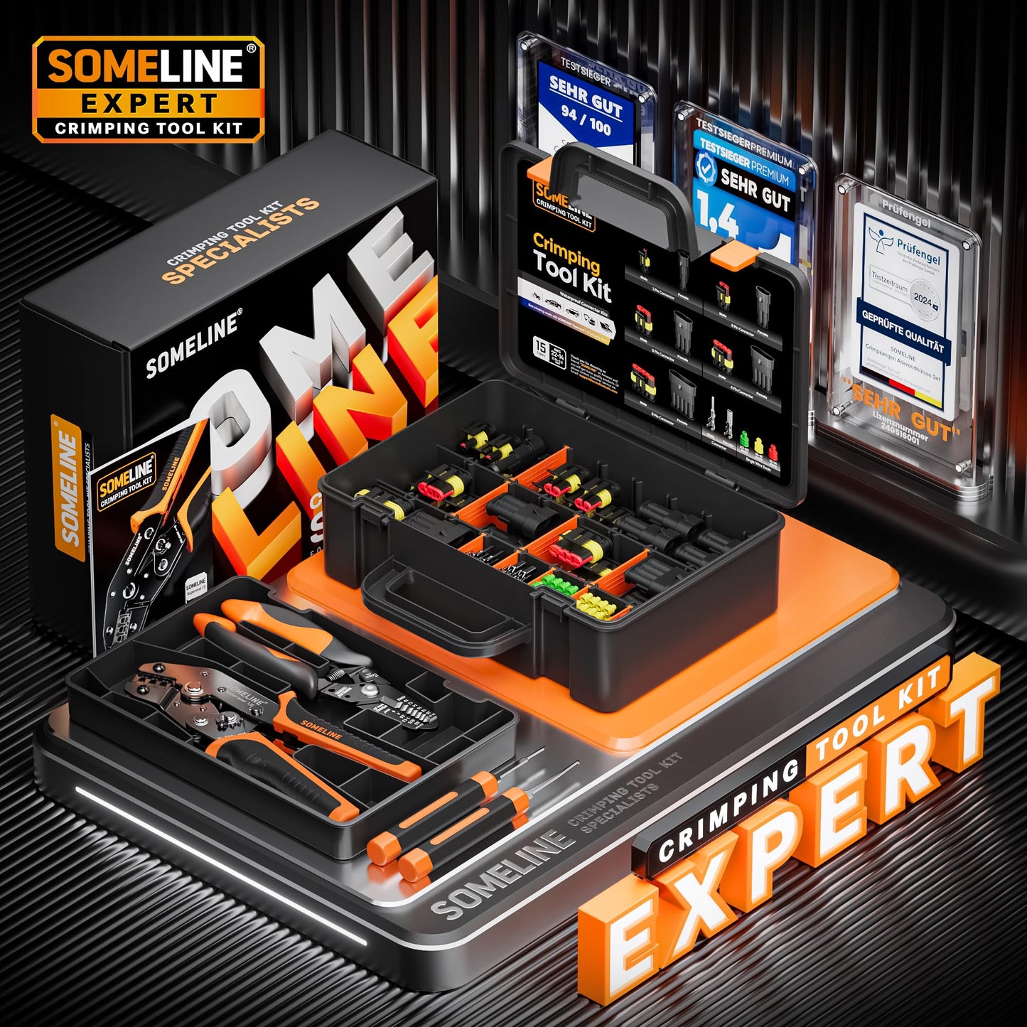 SOMELINE Crimping Tool Kit, Waterproof Automotive Electrical Connectors Electrical Wire Connectors Plug Kit 1/2/3/4/5 Pin Waterproof Connectors with 22-14 AWG Ratchet Crimping Tool and Removal Tools