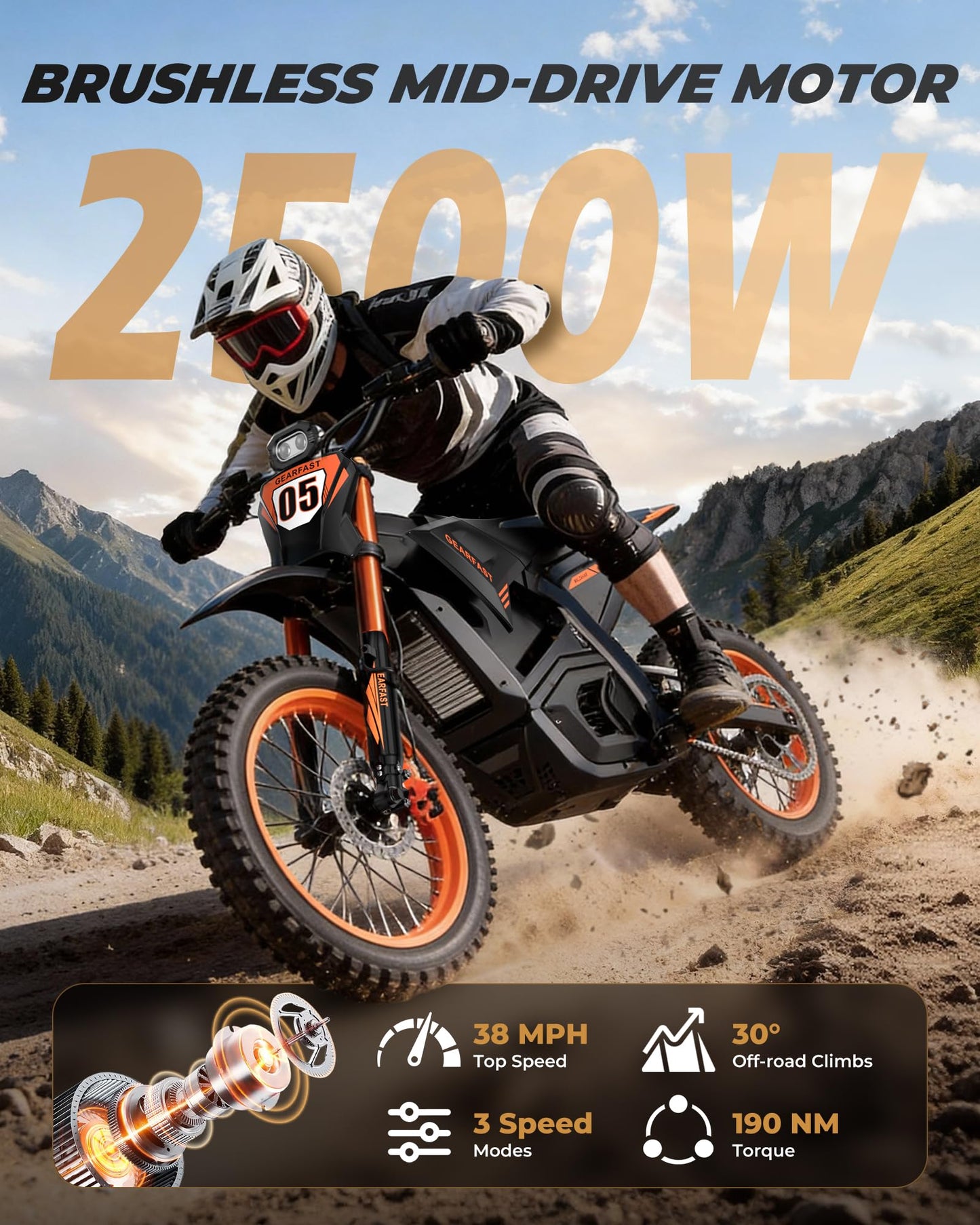 RKJ Electric Dirt Bike Adults Teens, 2500W 38MPH Motor, 48V 21Ah Battery 50-Mile Range, 14"/12" Fat Tires, Full Suspension, Hydraulic Brakes, Off-Road Electric Motorcycle for Snow/Sand/Commuting