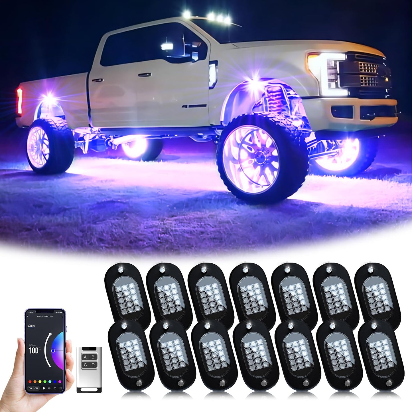 YiLaie RGB LED Rock Lights 14 Pods, 210 LEDs Lights with Phone App/Remote Control & Timing & Music Mode Rock Lights Kits, Waterproof Underglow Light for ATV RZR UTV SUV Off Road AUTO Motorcycle