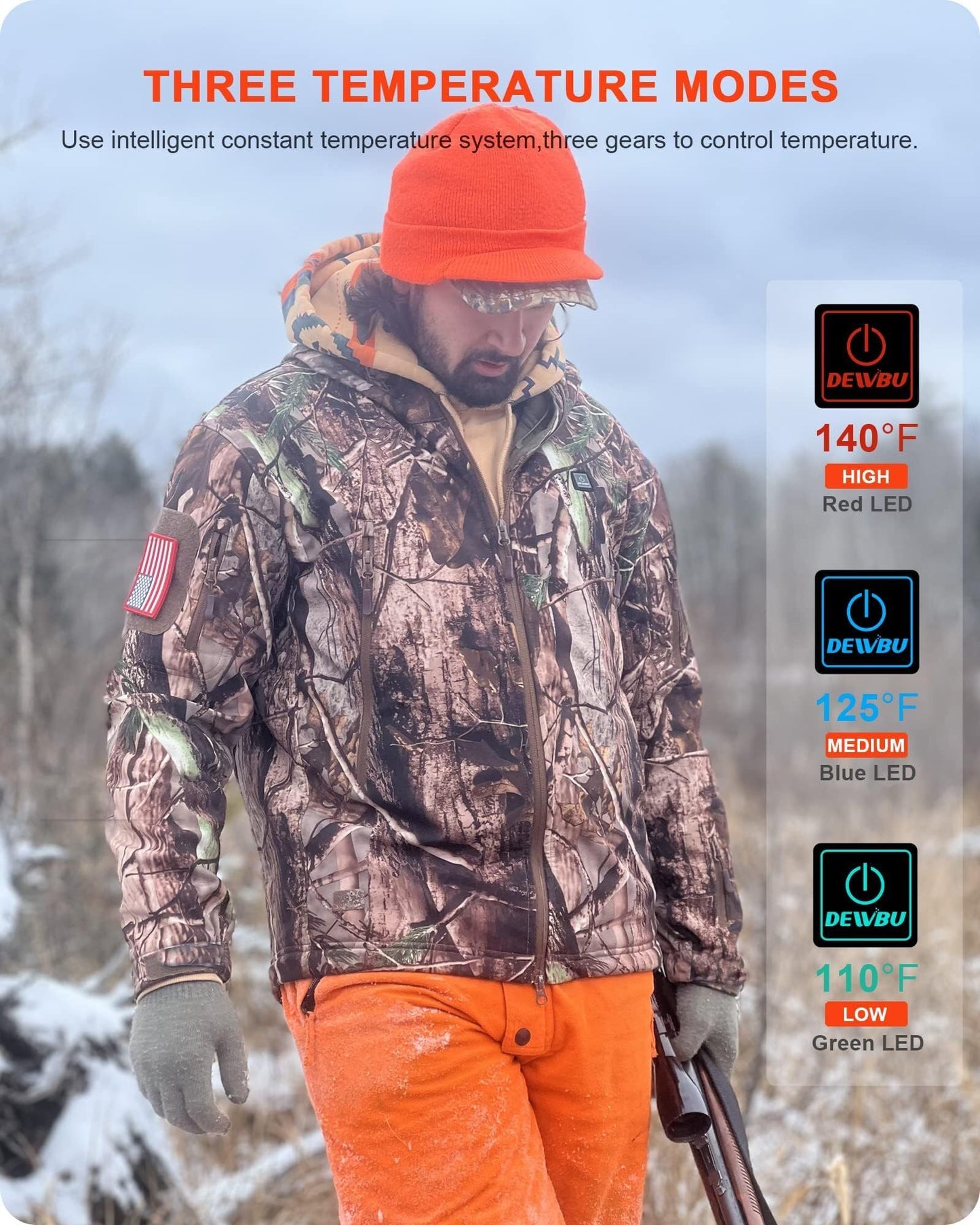DEWBU Heated Jacket for Men with 12V Battery Pack Winter Outdoor Soft Shell Electric Heating Coat, Men's Tree, 2XL