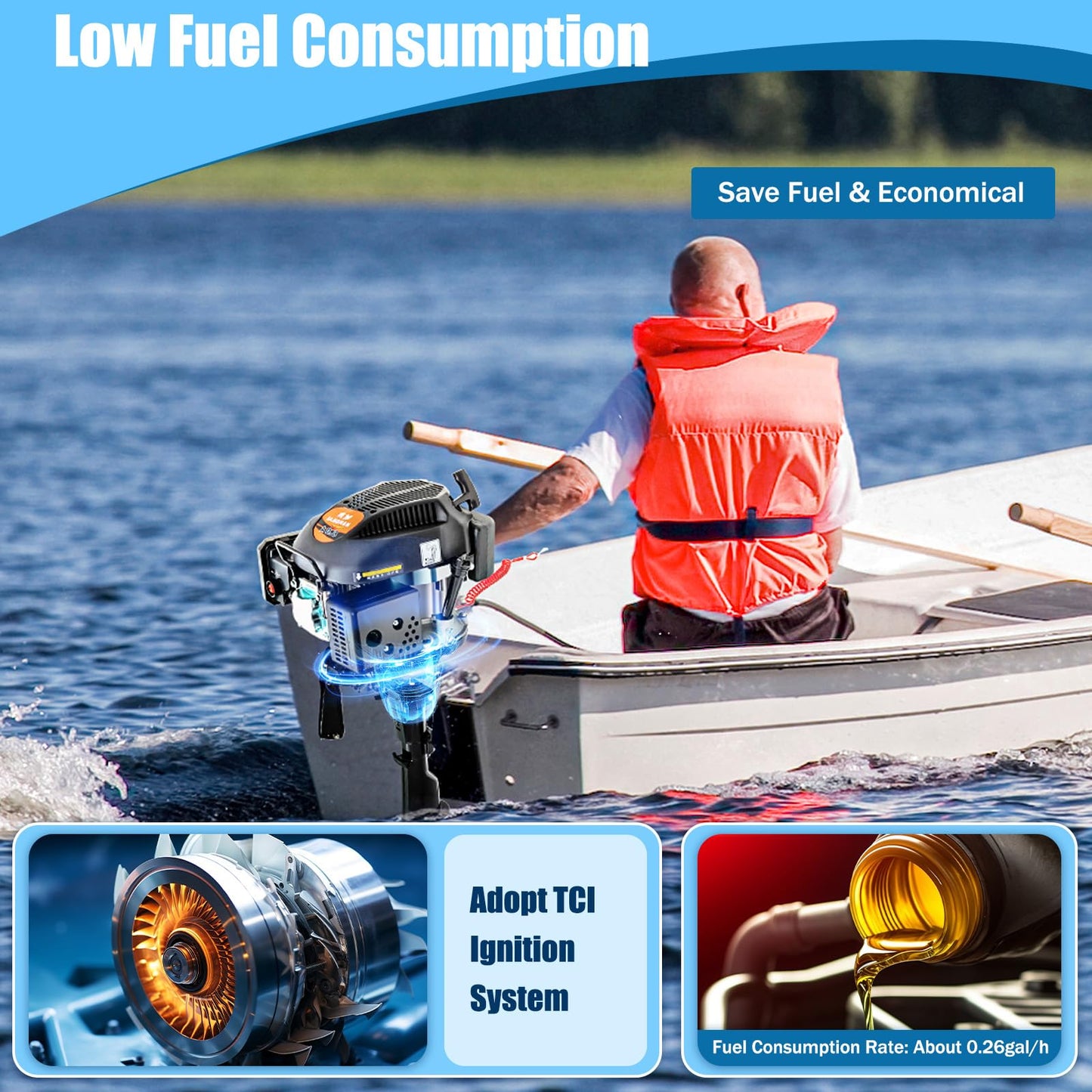 Outboard Motor Boat Engine, 2 Stroke Heavy Duty Fishing Boat Engine 3.5HP Gas Trolling Motor with Water Cooling CDI System for Rubber Boats, Inflatable Boats, Sailboats