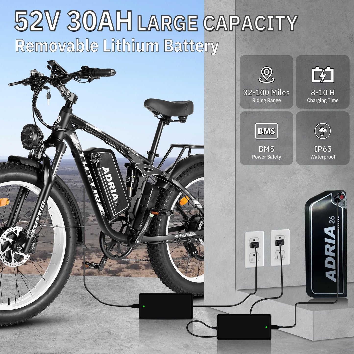Peak 5000W-Electric-Bike for Adults-Men, Dual-Motor-Ebike 40-46MPH-Hunting-Ebike, 52V 30AH Long Range Dirtbike, 26" Fat-Tire-Electric-Bicycle, Full Suspension Mountain Bike for Off-Road Snow Sand