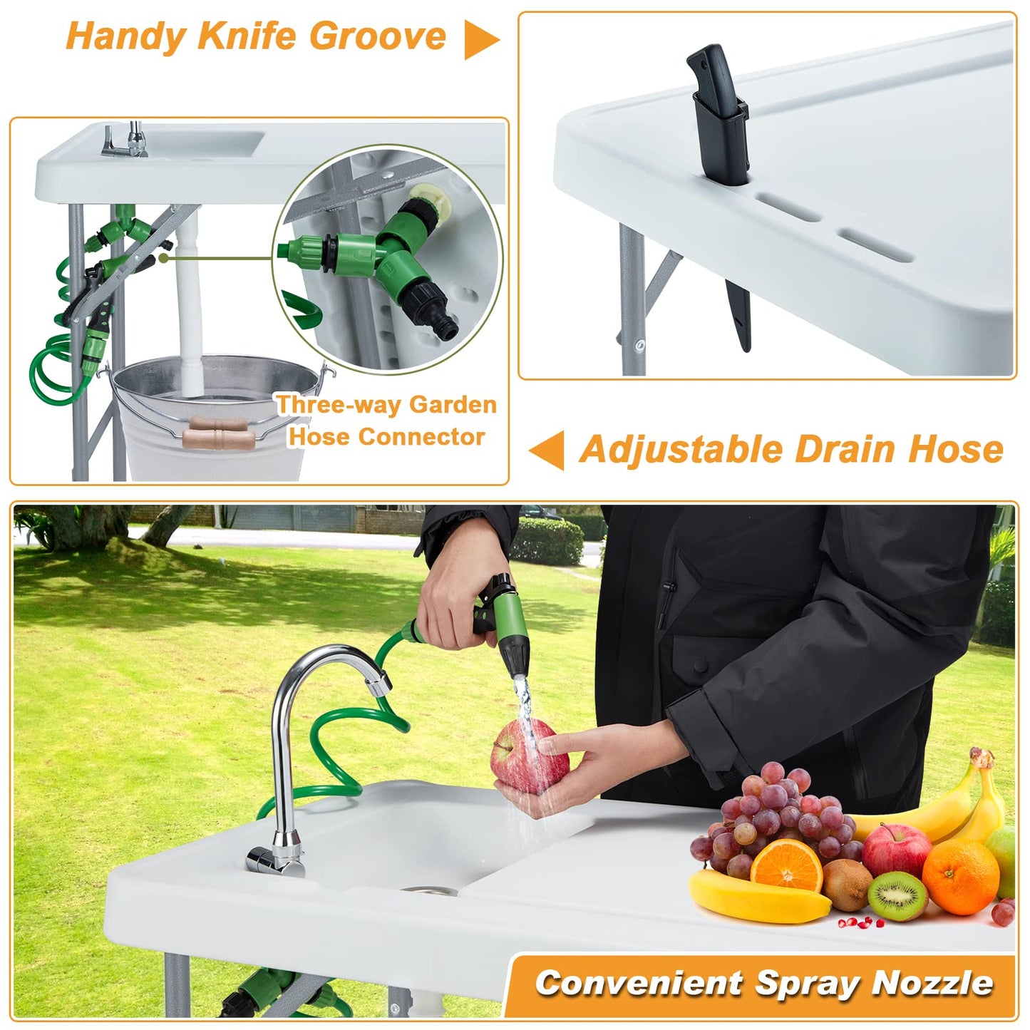 Folding Fish Cleaning Table Portable Camping Sink with Faucet Drainage Hose & Sprayer Outdoor Fillet Station Grid Rack Knife Groove for Picnic Fishing, Black