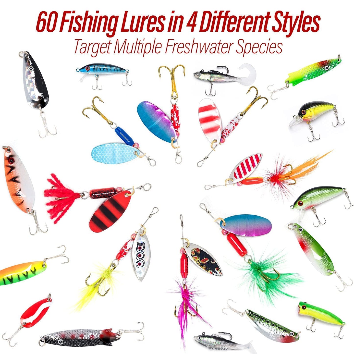 Dr.Fish Fishing Tackle Bag 5 Boxes with 60 Lures Included Loaded Stocked Tackle Box Set Spinner Lures Kit Freshwater Gear Equipment