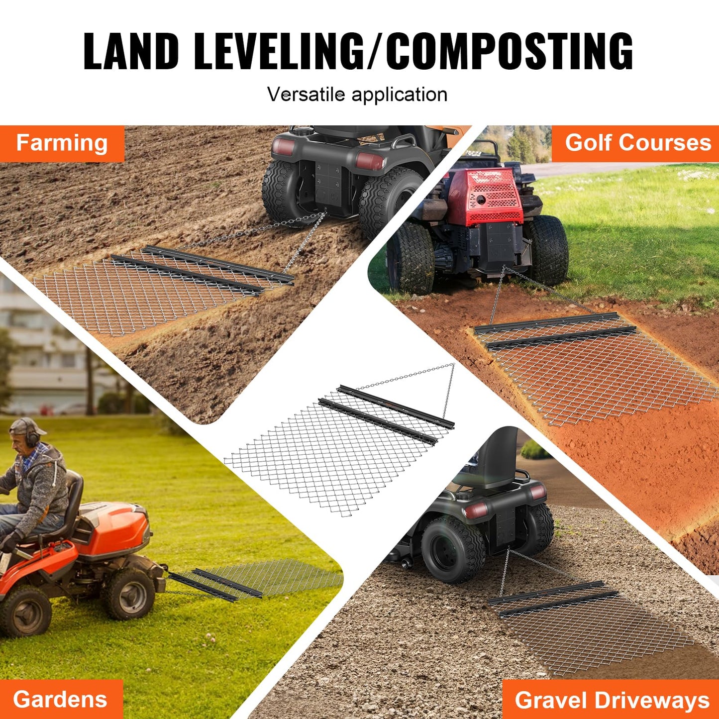 VEVOR 4' x 5' ATV Drag Harrow, Q235 Steel UTV Tractor Attachments for Landscape Leveling or Sod Prepping, Towable Grader for Gravel Driveway, Garden, Farm, Field Black