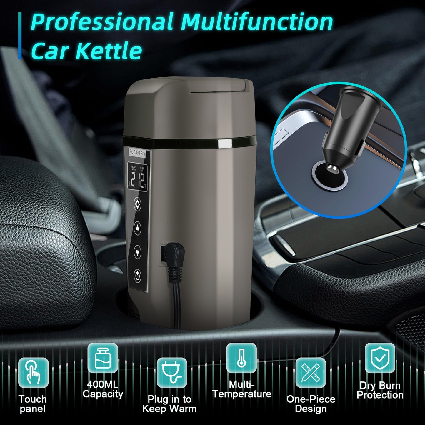 Car Electric Kettle: 12V/24V Portable Water Boiler Heated Travel Mug,Multiple Temperature Adjustable Coffee Tea Truck Cup with 304 Stainless Steel Dry Burn Protection & Handy Cup Bag