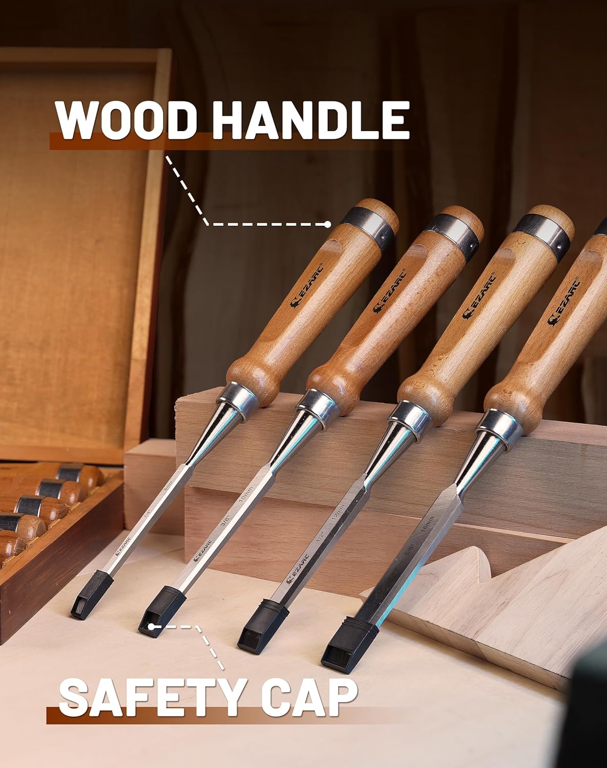 EZARC 6 Pieces Wood Chisel Tool Sets Woodworking Carving Chisel Kit with Premium Wooden Case for Carpenter Craftsman