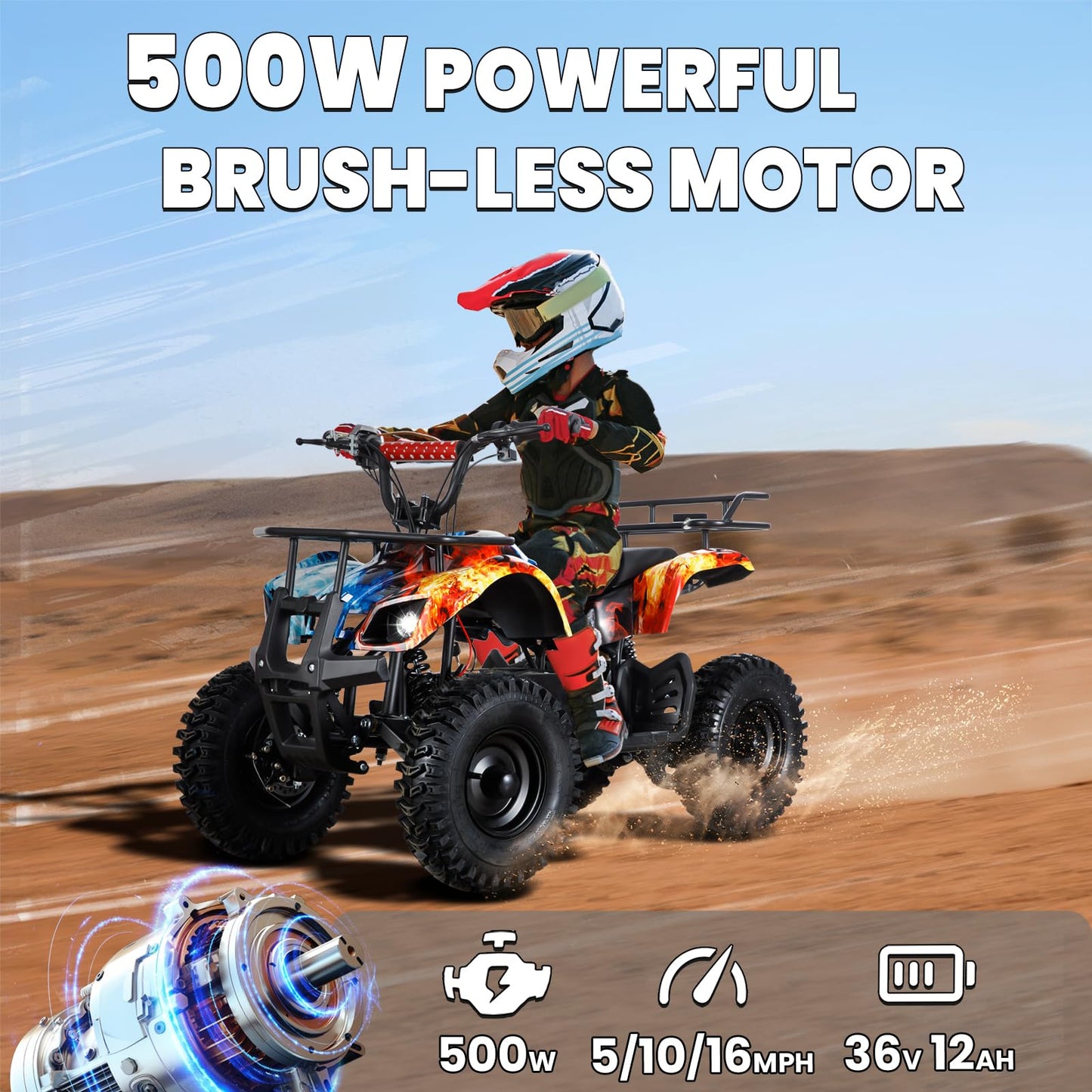 36V Electric ATV Dirt Quad Electric Four-Wheeled ATV with 500W Brushless Powerful Motor Off-Road Vehicle Electric Kids ATV Ride on ATV for Big Boys Girls Ages 5+, Black