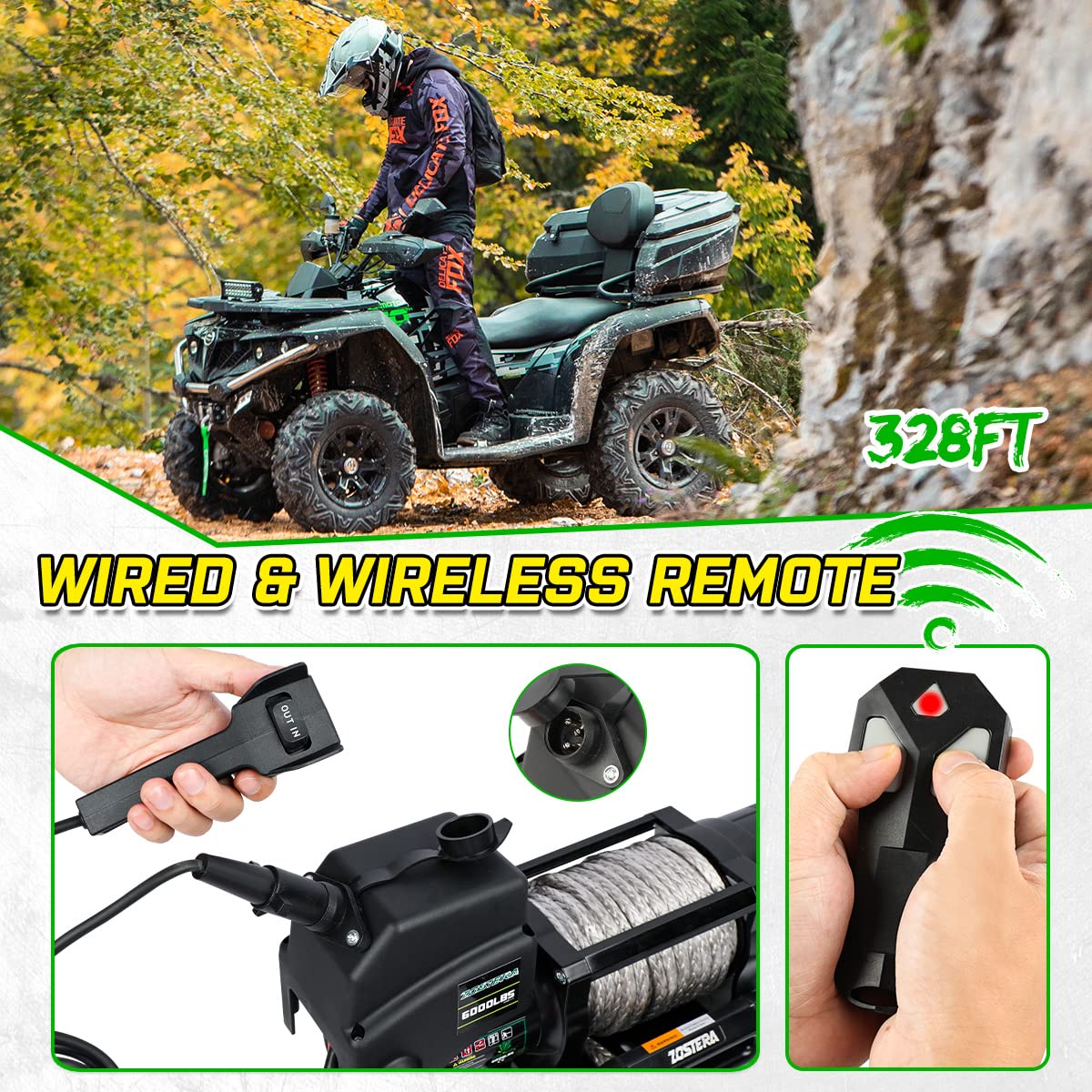 3500lbs ATV/UTV Winch with Synthetic Rope, Electric Boat Trailer Winch 12V, Waterproof Winch with 2 Wireless Remotes &Wired Switch,with Mounting Plate,Pulley,Rope Damper,Aluminium Fairlead