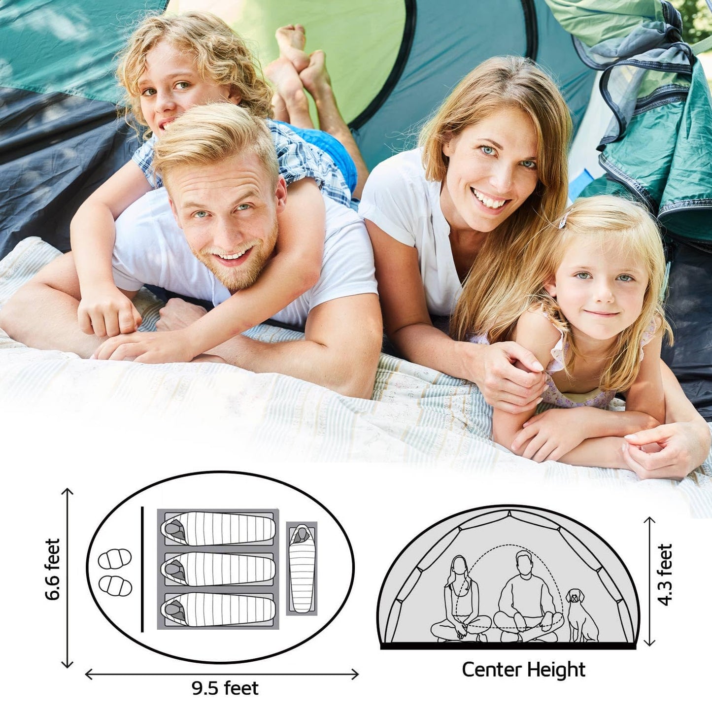 4 Person Easy Pop Up Tent,9.5’X6.6’X52'',Waterproof, Automatic Setup,2 Doors-Instant Family Tents for Camping, Hiking & Traveling