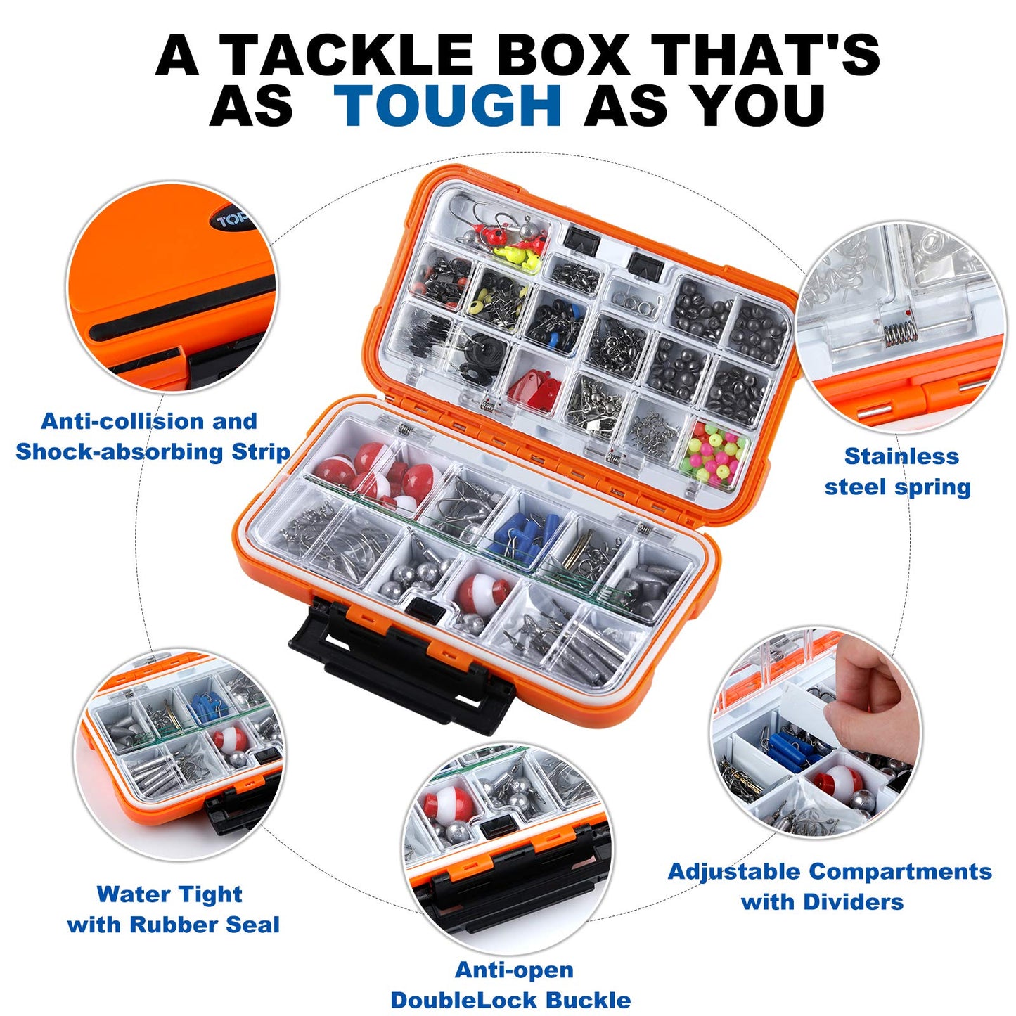 TOPFORT 187/343pcs Fishing Accessories Kit, Organized Fishing Tackle Box with Tackle Included, Fishing Hooks, Fishing Weights Sinkers, Fishing Gear and Equipment, Fishing Gift for Men