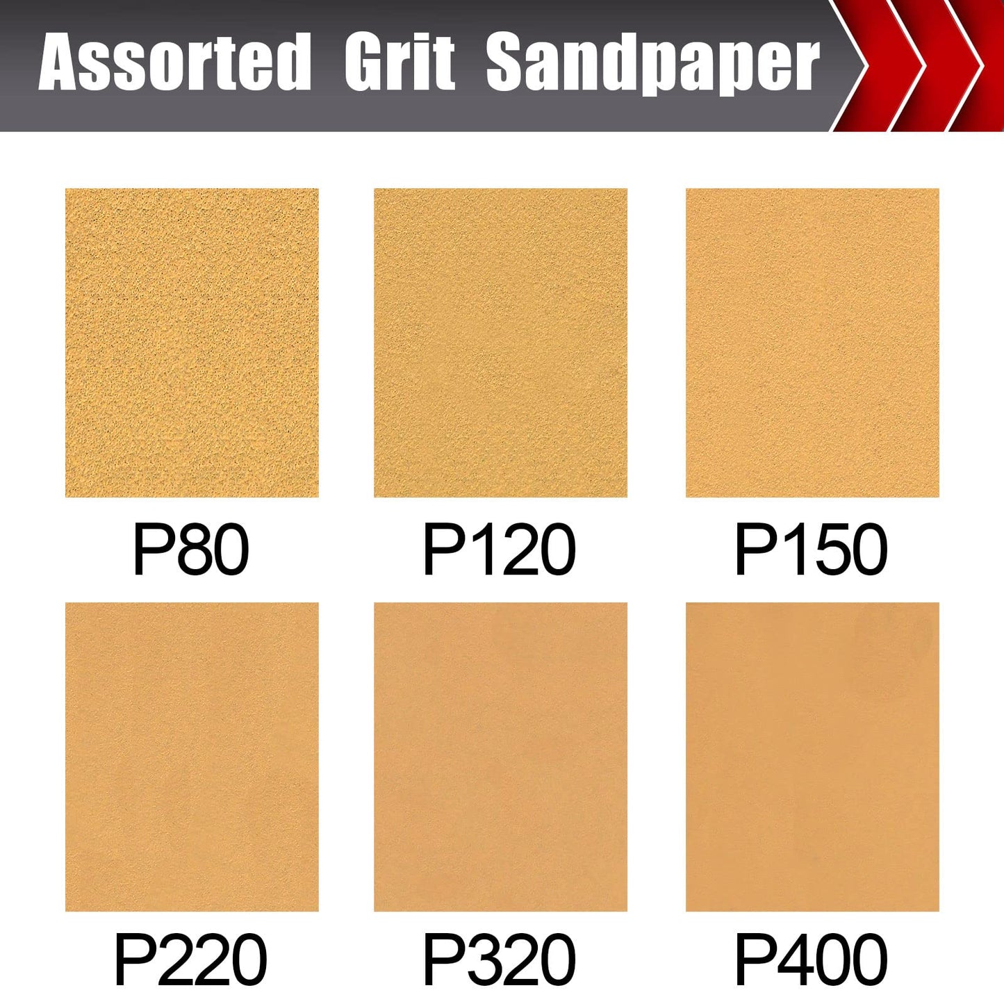50 Pcs 1/4 Sheet Sandpaper, Premium Sand Paper 80/120/150/220/320/400 Grit Sandpaper Sheet Sand Paper Assortment for Wood Metal Automotive Palm Sanders 5.5" x 4.5"