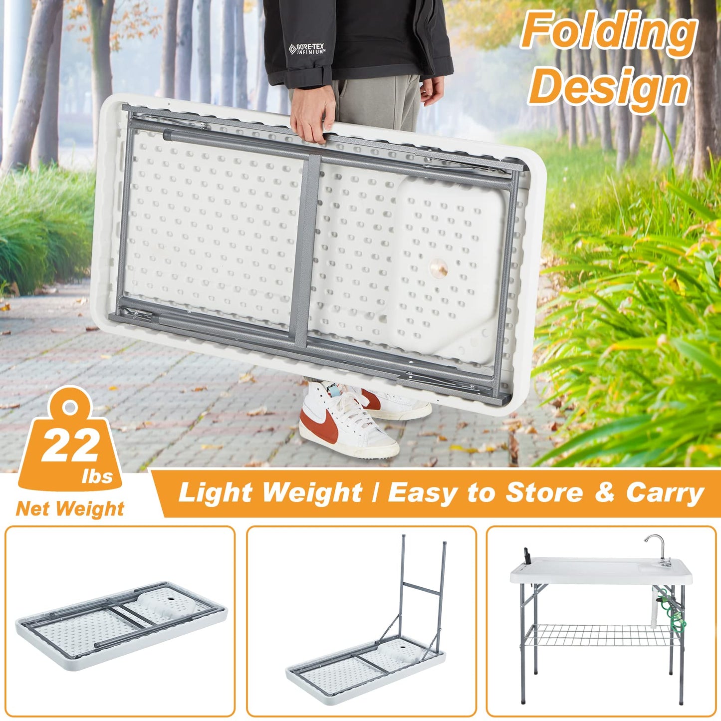Folding Fish Cleaning Table Portable Camping Sink with Faucet Drainage Hose & Sprayer Outdoor Fillet Station Grid Rack Knife Groove for Picnic Fishing, Black