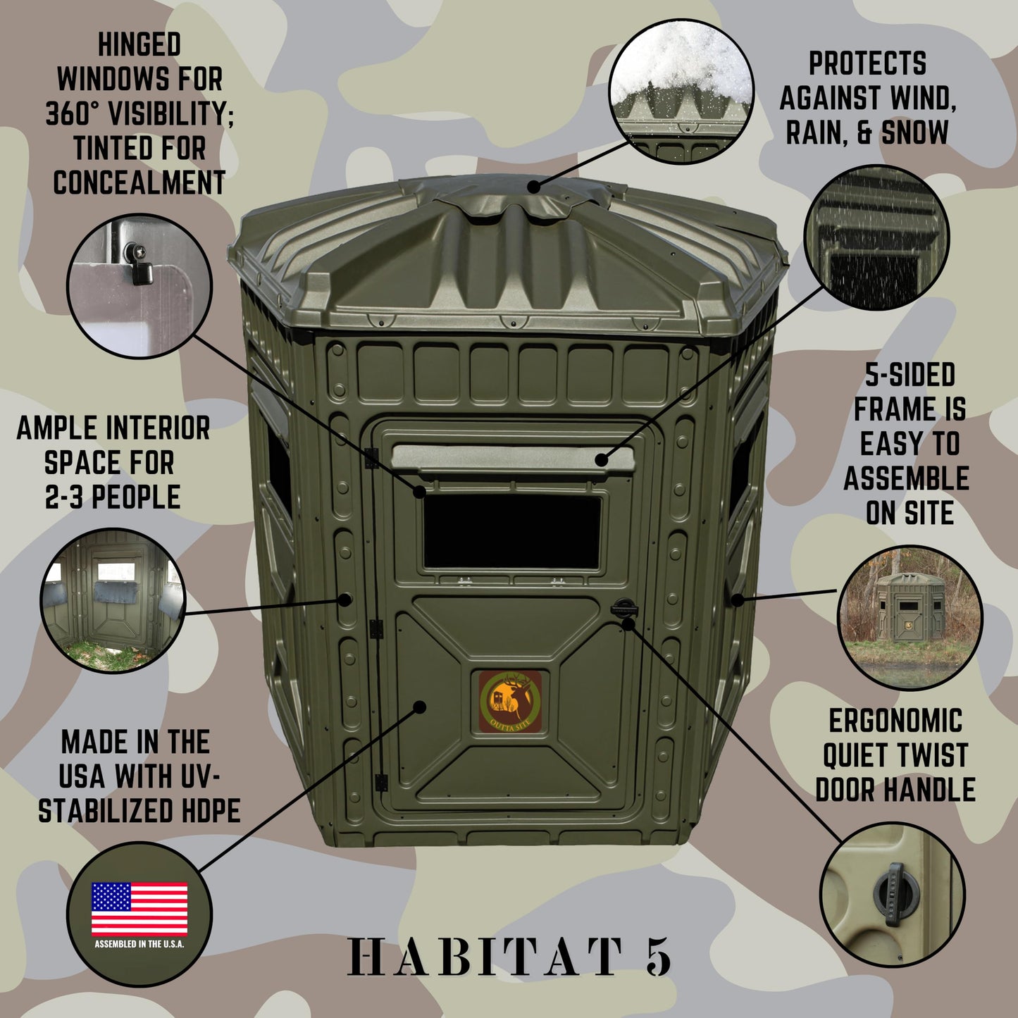 Outta Site Hunting Blind – 4 & 5 Sided High Density Plastic Hunting Blind – 1-2 & 2-3 Person Hard-Sided Ground Blind for Deer, Turkey Hunting – 360 Views – Arctic Snow Camo, Habitat Olive, Thicket Oak