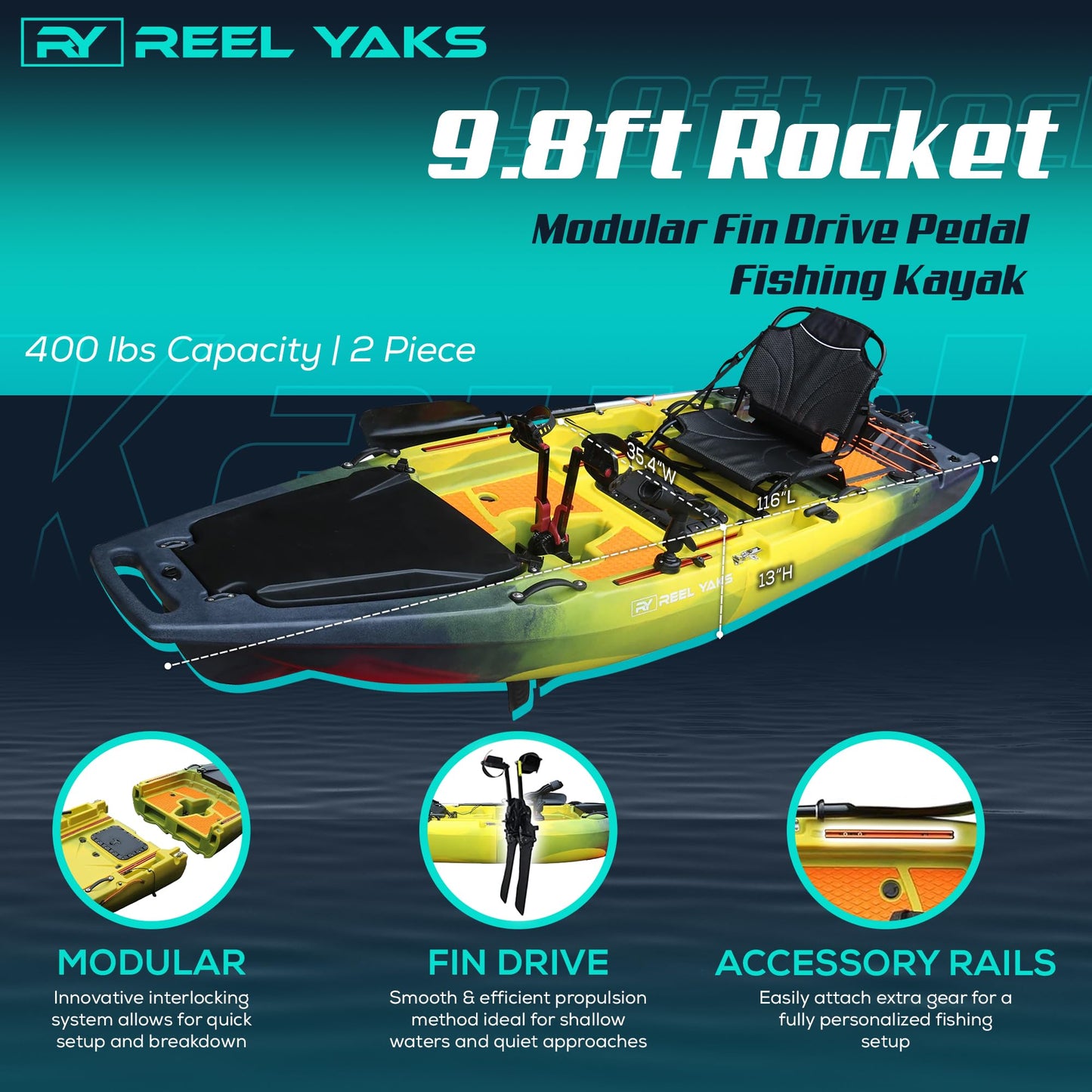 Rocket Modular Fishing Kayak - 9.8ft Lightweight Propeller Drive, Sit On Top Kayak for Adults & Youth - Stable & Portable, Ideal Space-Saving Design - 400 lbs Capacity - Yellow Black