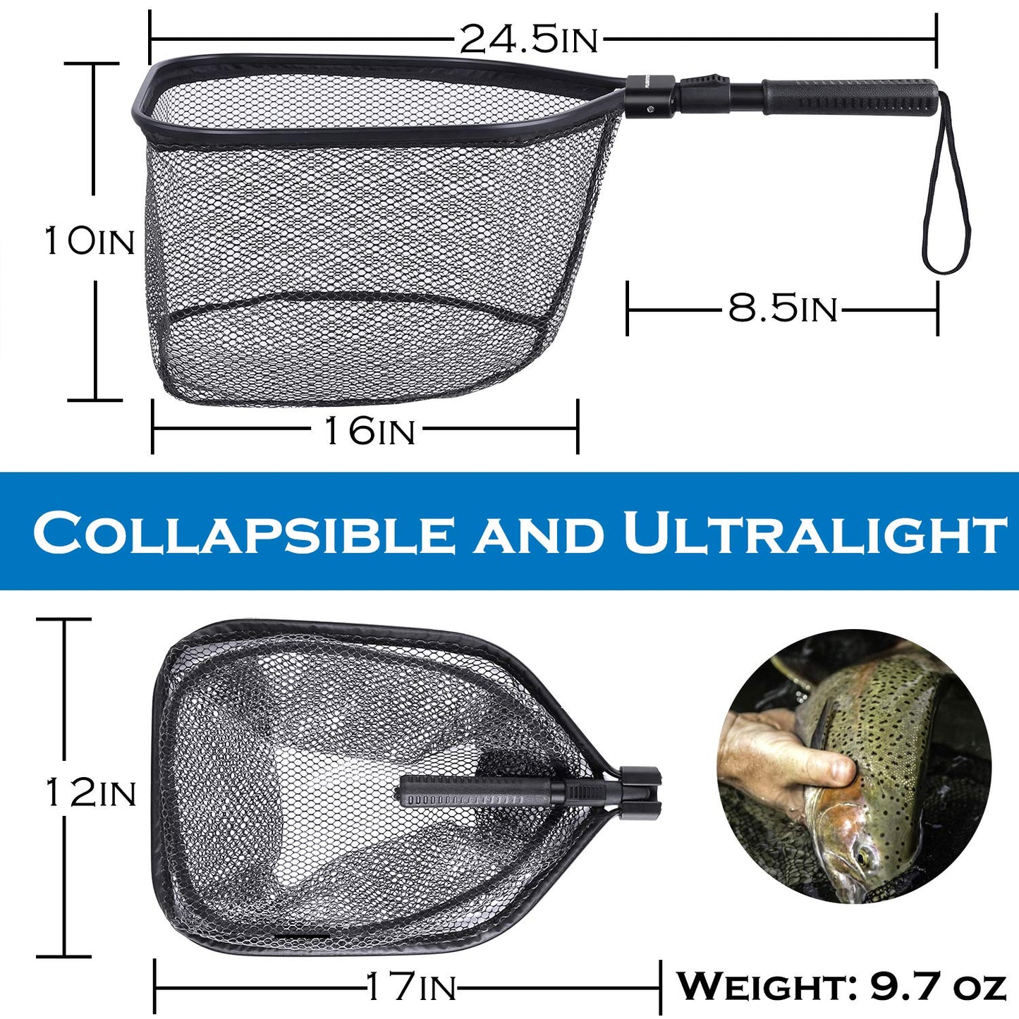 PLUSINNO Fly Fishing Net, Bass Trout Landing Net, Folding Fishing Nets Fresh Water, Safe Fish Catching or Releasing