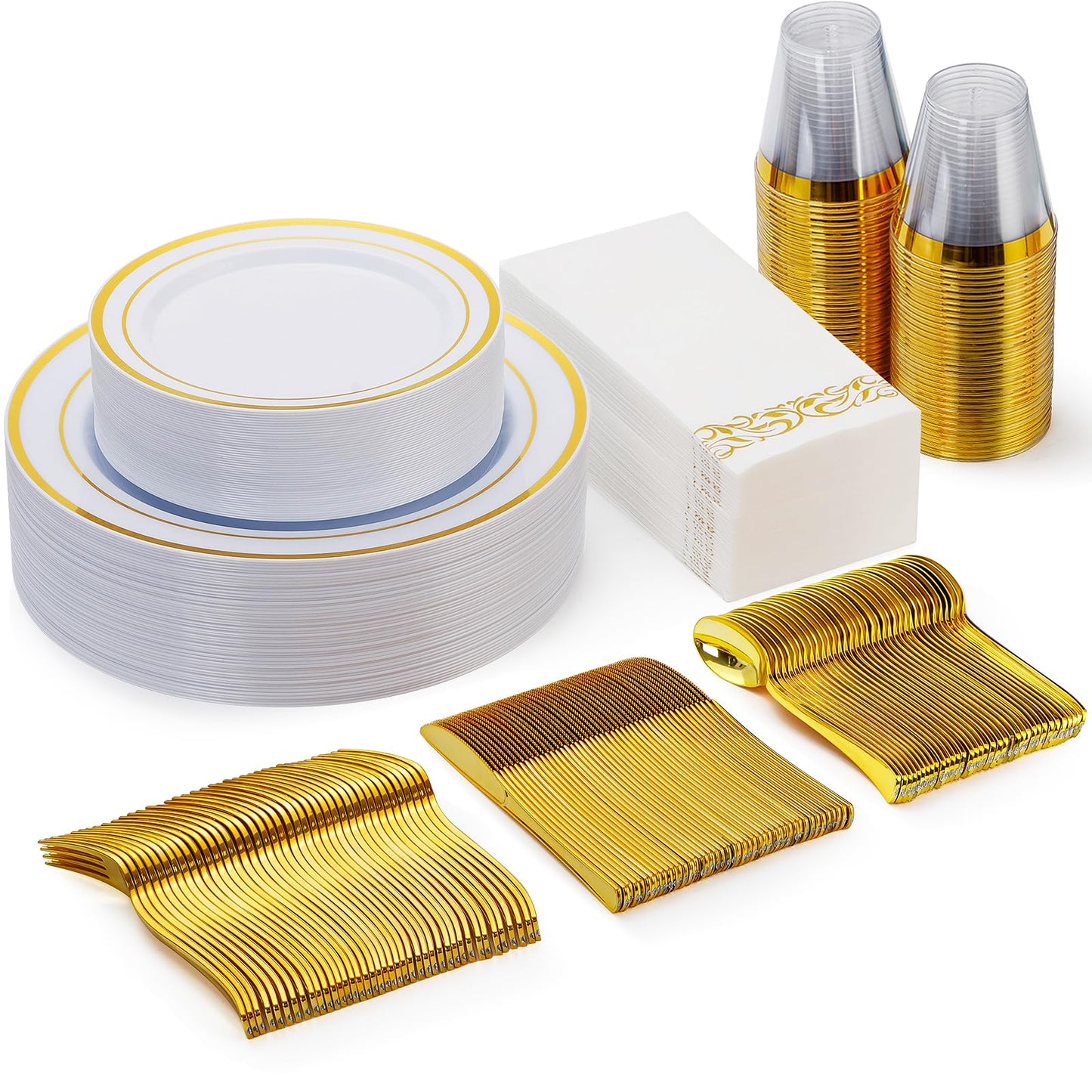 Goodluck 700 Piece Silver Dinnerware Set for 100 Guests, Disposable Plastic Plates for Party, Include: 100 Dinner Plates, 100 Dessert Plates, 100 Paper Napkins, 100 Cups, 100 Silverware set