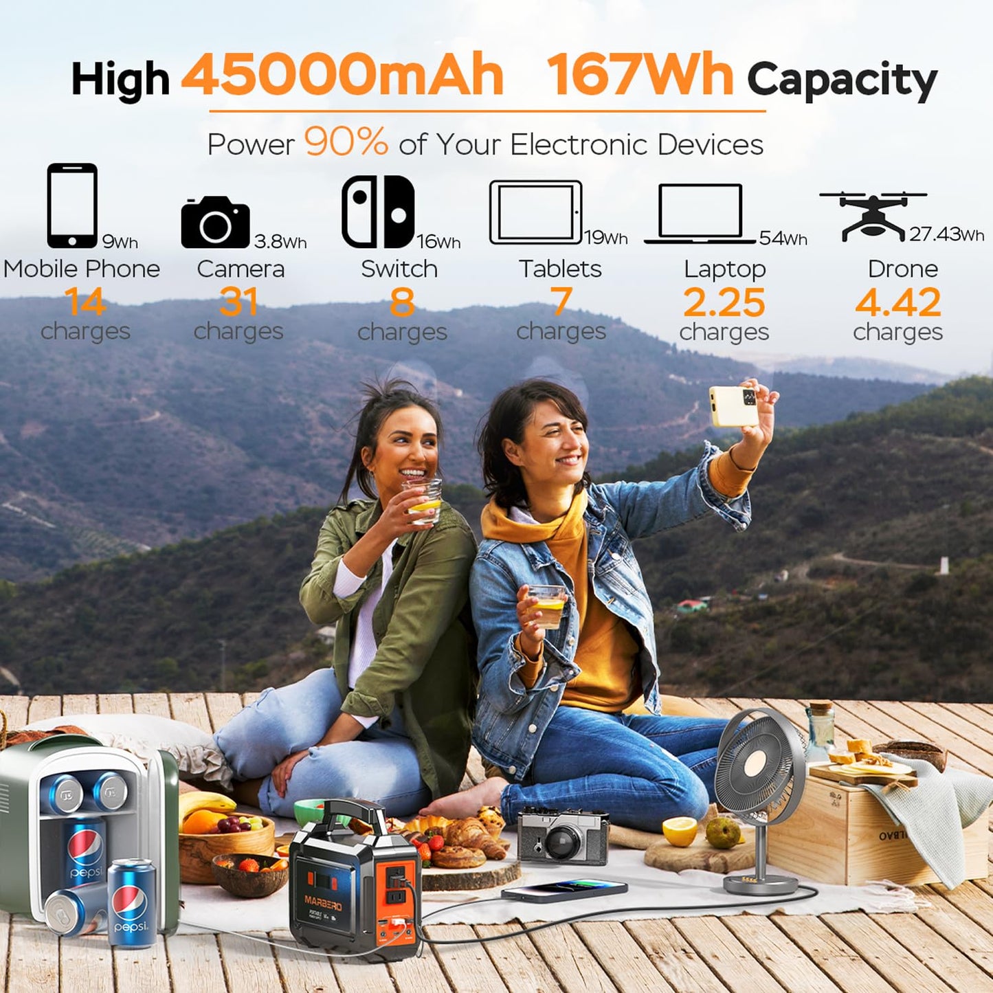MARBERO Solar Generator 167Wh Camping Portable Power Station 200W Peak with Foldable Solar Panels 30W with AC Outlet 110V Multi-Port LED Flashlights for CPAP Home Camping Hurricane Emergency
