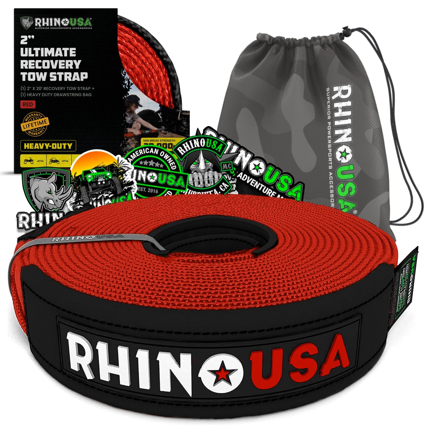 Rhino USA Recovery Tow Strap (3" x 20') - 31,518lb Break Strength - Emergency Recovery Strap Tow Rope for Truck, UTV, ATV & More - Heavy Duty Towing Strap for Offroad 4x4 Use - Compatible with Jeep