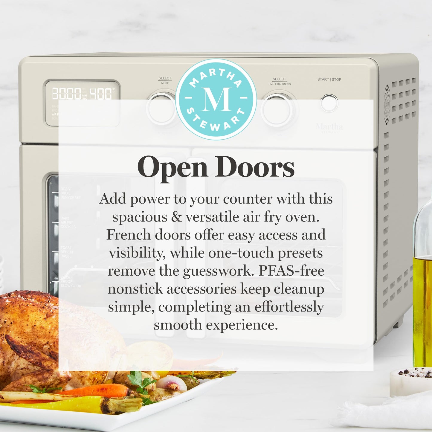 Martha Stewart French Door Air Fryer Toaster Oven Combo, 34QT Countertop Convection, 12-in-1, Bake, Broil, Roast, Fits 12” Pizza, Dehydrate, 5 Accessories, Air Fry Basket, Stainless Steel, Caviar Gray