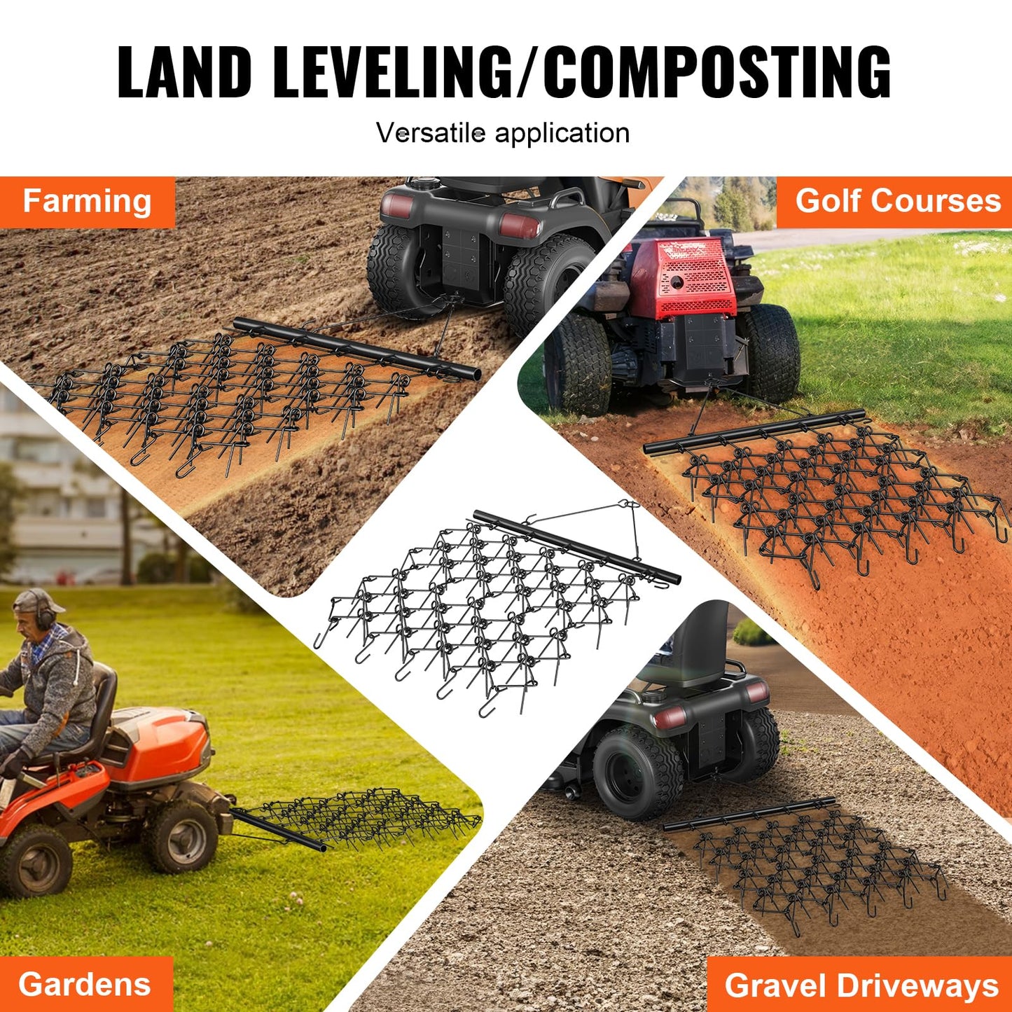 VEVOR 4' x 5' ATV Drag Harrow, Q235 Steel UTV Tractor Attachments for Landscape Leveling or Sod Prepping, Towable Grader for Gravel Driveway, Garden, Farm, Field Black