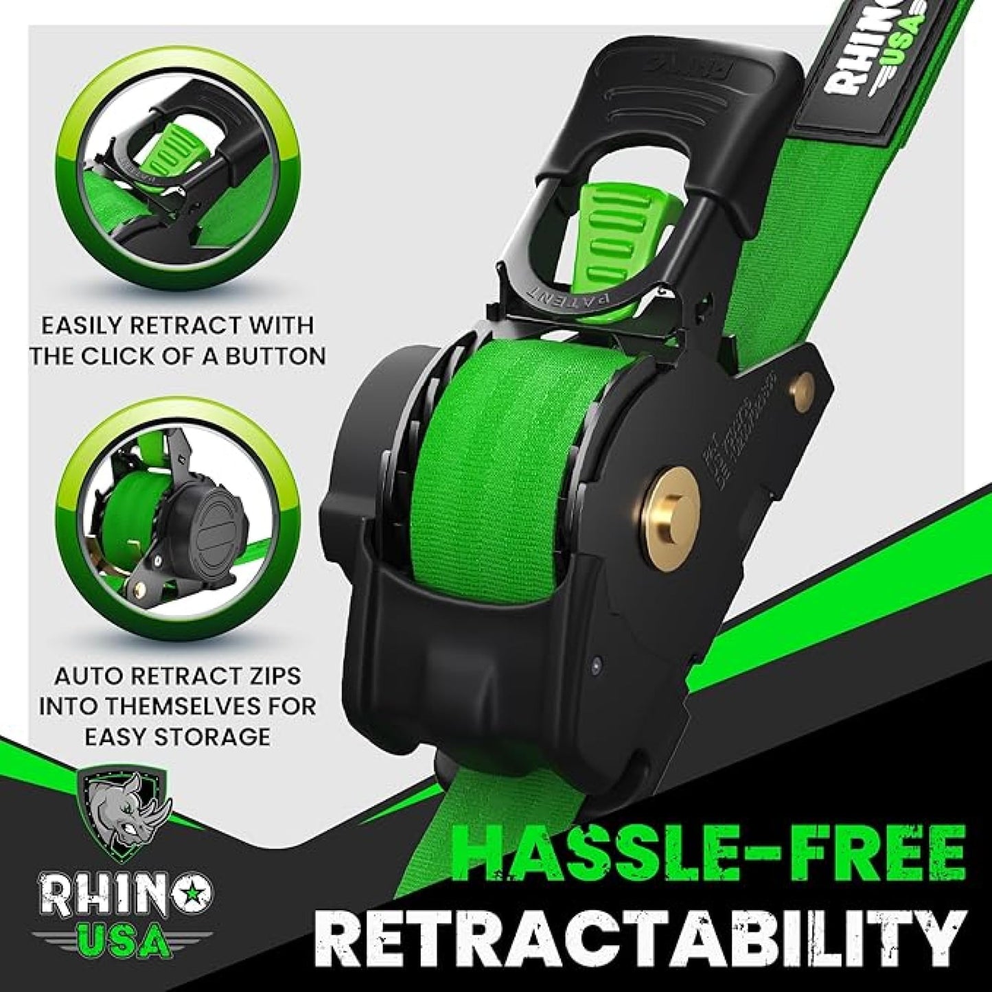 Rhino USA Retractable Ratchet Straps (4-Pack) - 1 Inch x 10 Feet (1,209lb Break Strength) - Heavy Duty Auto Self Retracting Tie Down Straps for Truck, Cargo Trailer, Motorcycle, Rad & More - Black