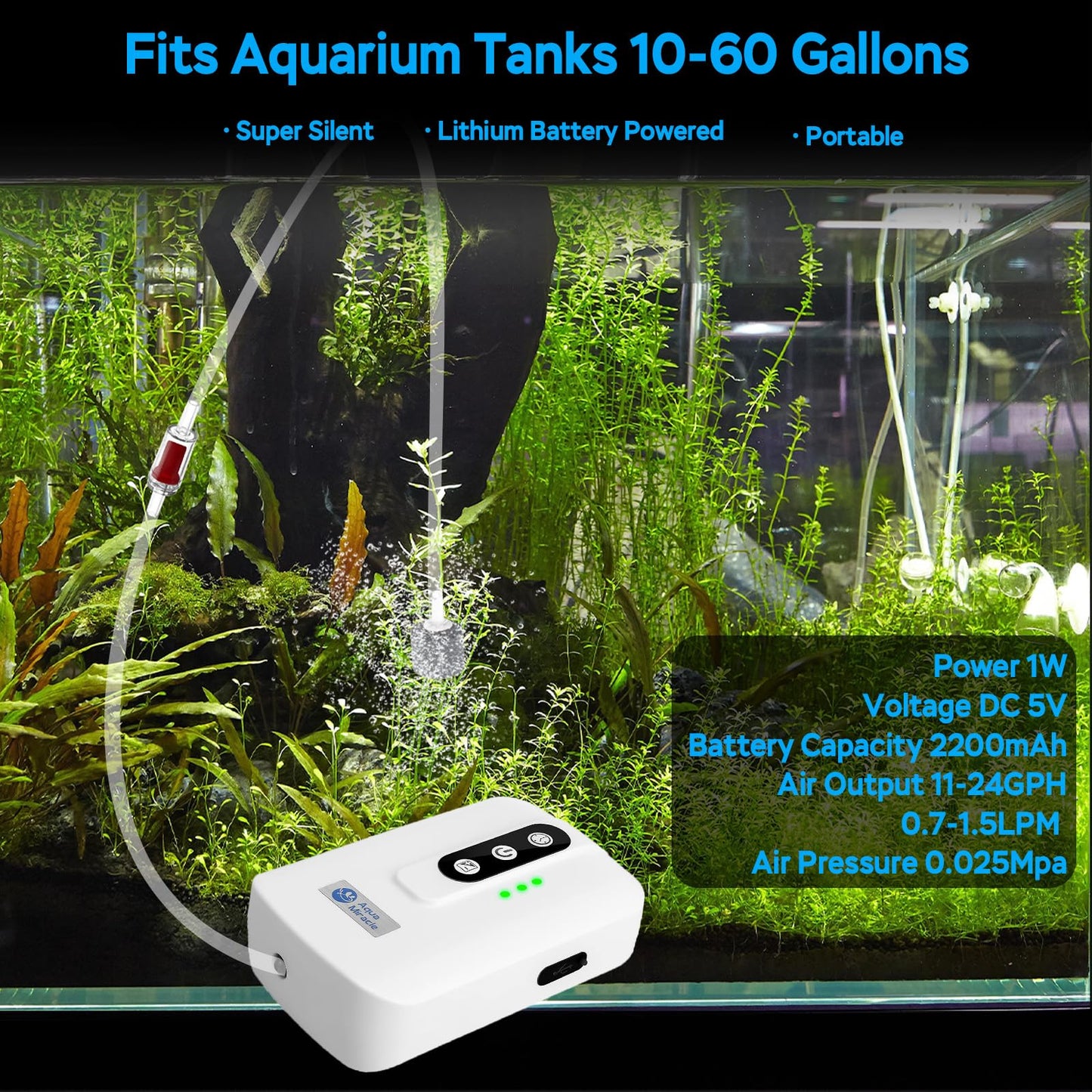 AquaMiracle Lithium Battery Powered Portable Aquarium Air Pump for Fish Tank, USB Rechargeable Aquarium Bubbler Aerator for Outdoor Fishing, Power Outages and Emergency