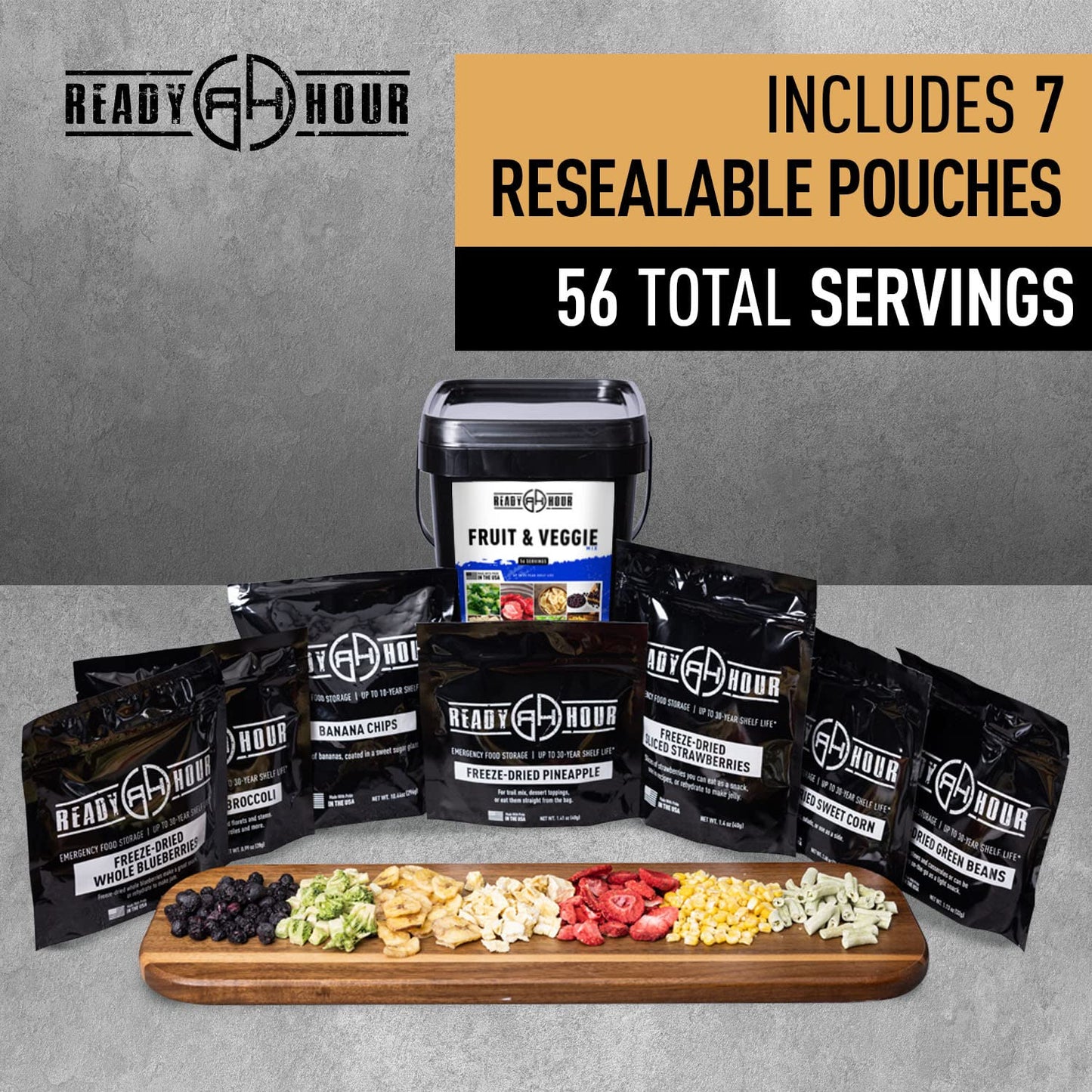 Ready Hour, Fruit & Veggie Mix, Non-Perishable Freeze-Dried Food, 30-Year Shelf Life, Portable Emergency and Adventure Food Supply, Durable Flood Safe Container, 56 Servings