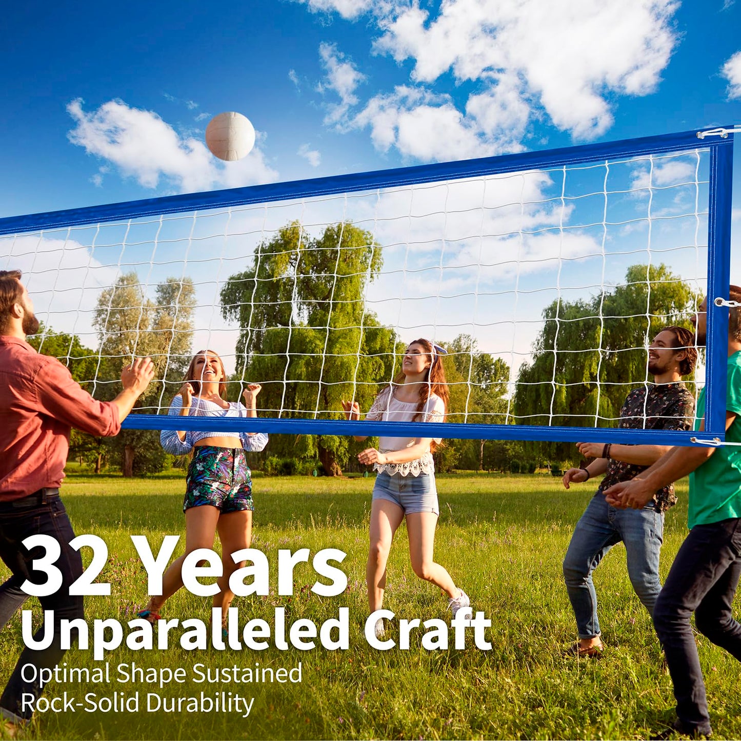 YUXUXU Professional Volleyball Net Outdoor Heavy Duty, All Weather Enhanced, Extended Stainless Steel Cable, Extra Thick Borders, for Indoor Outdoor Sports - Regulation 32x3FT, Blue (Net Only)