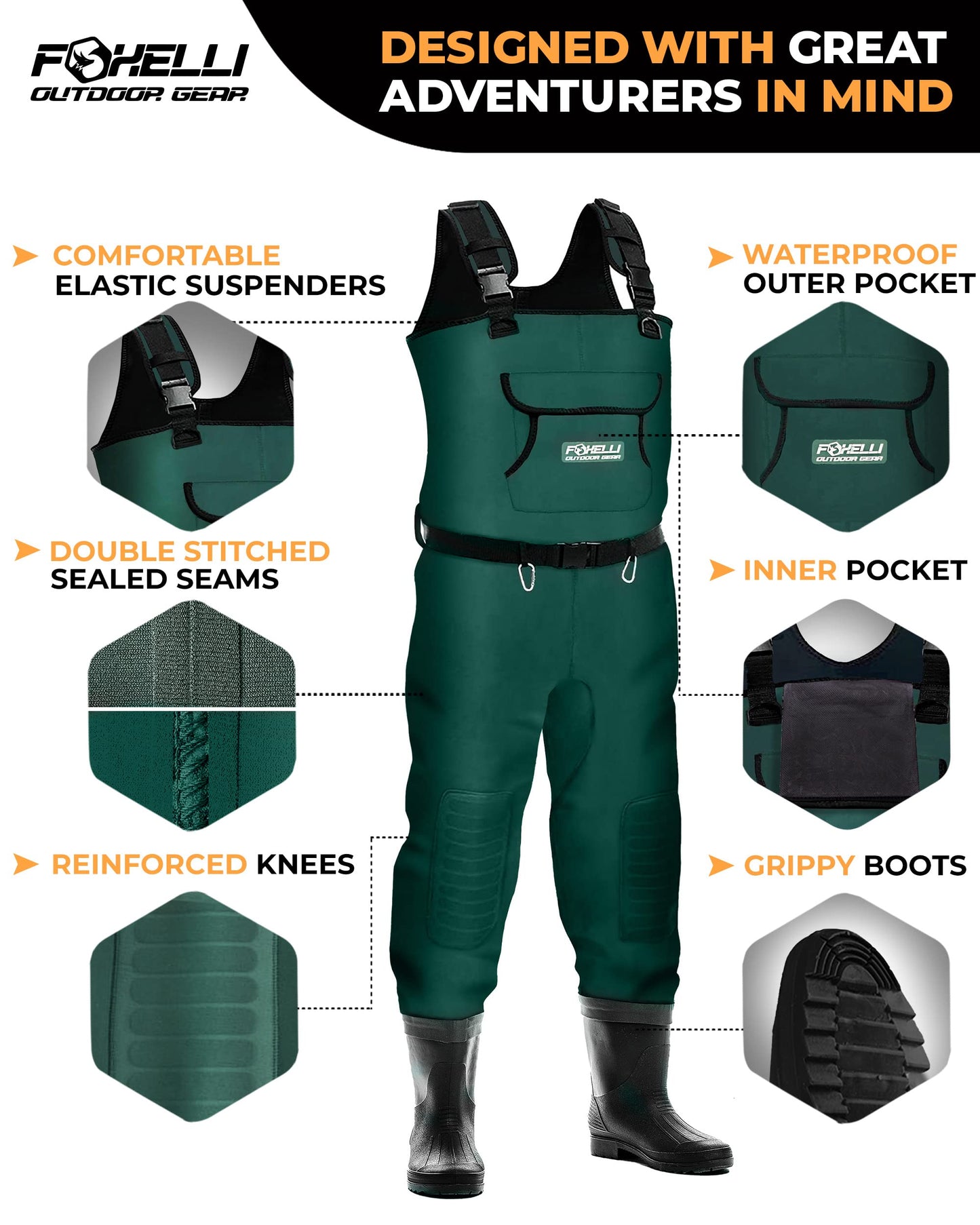 Foxelli Chest Waders, Waterproof 4mm Neoprene Hunting & Fishing Waders for Men & Women with Boots