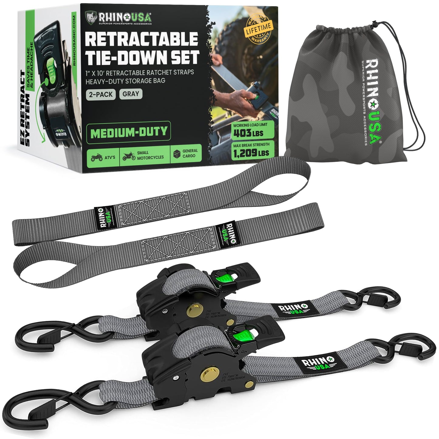 Rhino USA Retractable Ratchet Straps (4-Pack) - 1 Inch x 10 Feet (1,209lb Break Strength) - Heavy Duty Auto Self Retracting Tie Down Straps for Truck, Cargo Trailer, Motorcycle, Rad & More - Black