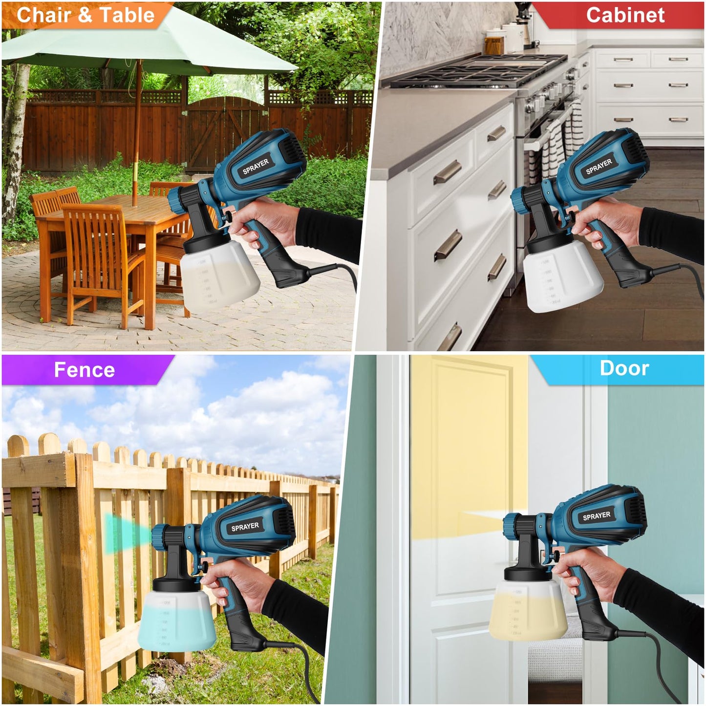Paint Sprayer, 700W HVLP Spray Gun with Cleaning & Blowing Joints, 4 Nozzles and 3 Patterns, Easy to Clean, for Furniture, Cabinets, Fence, Walls, Door, Garden Chairs etc. VF803