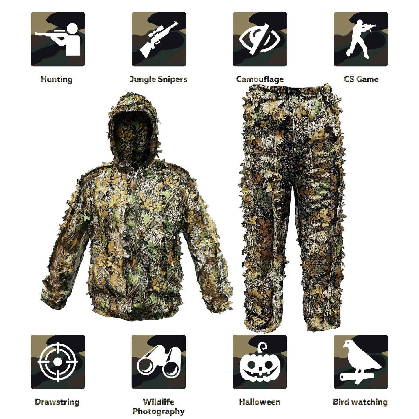 Upgrade Ghillie Suit Outdoor 3D Lifelike Super Lightweight Hooded Camouflage Clothing Jungle Woodland Hunting Shooting
