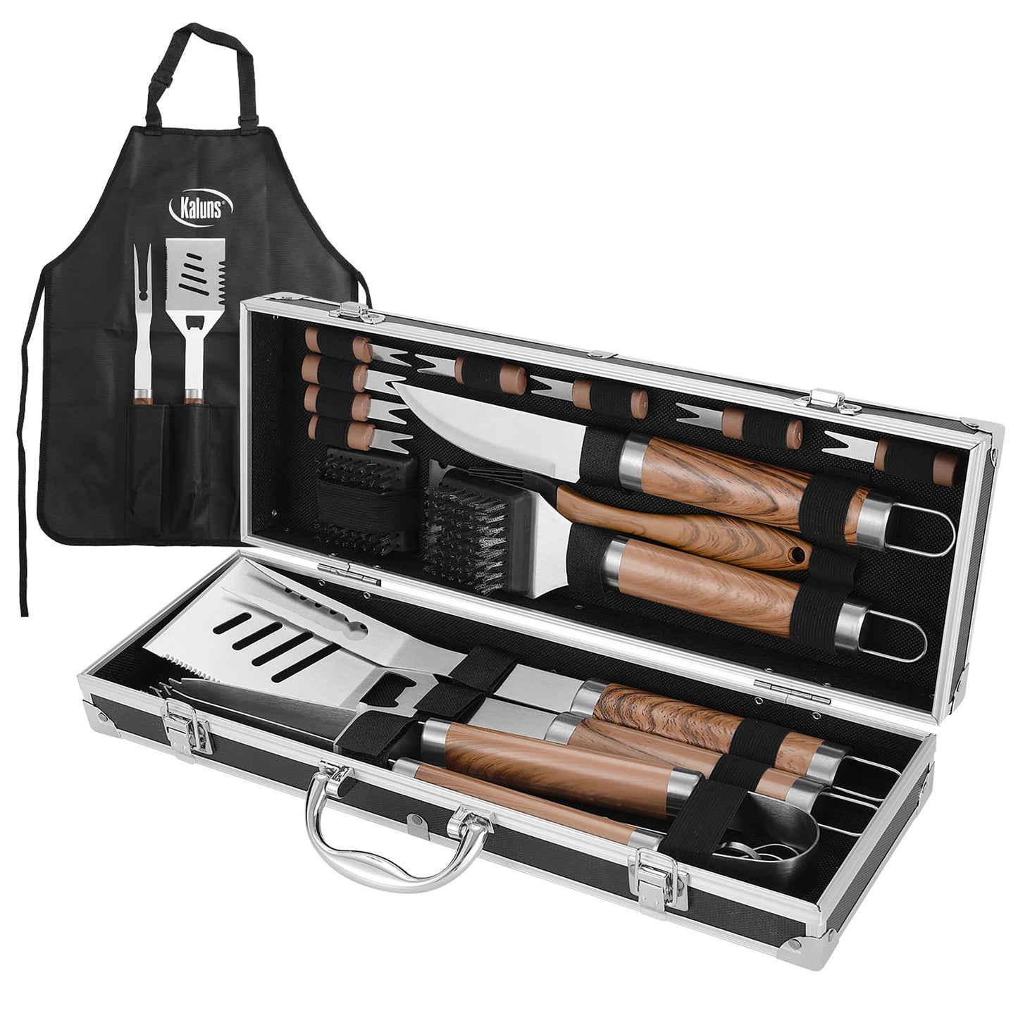 Kaluns Grilling Accessories, Dad Gifts for Fathers Day Grilling Gifts, Heavy Duty Stainless Steel BBQ Grill Tools Set for Outdoor Grill with Aluminum Case and Apron, Dad Birthday Gifts for Men Husband