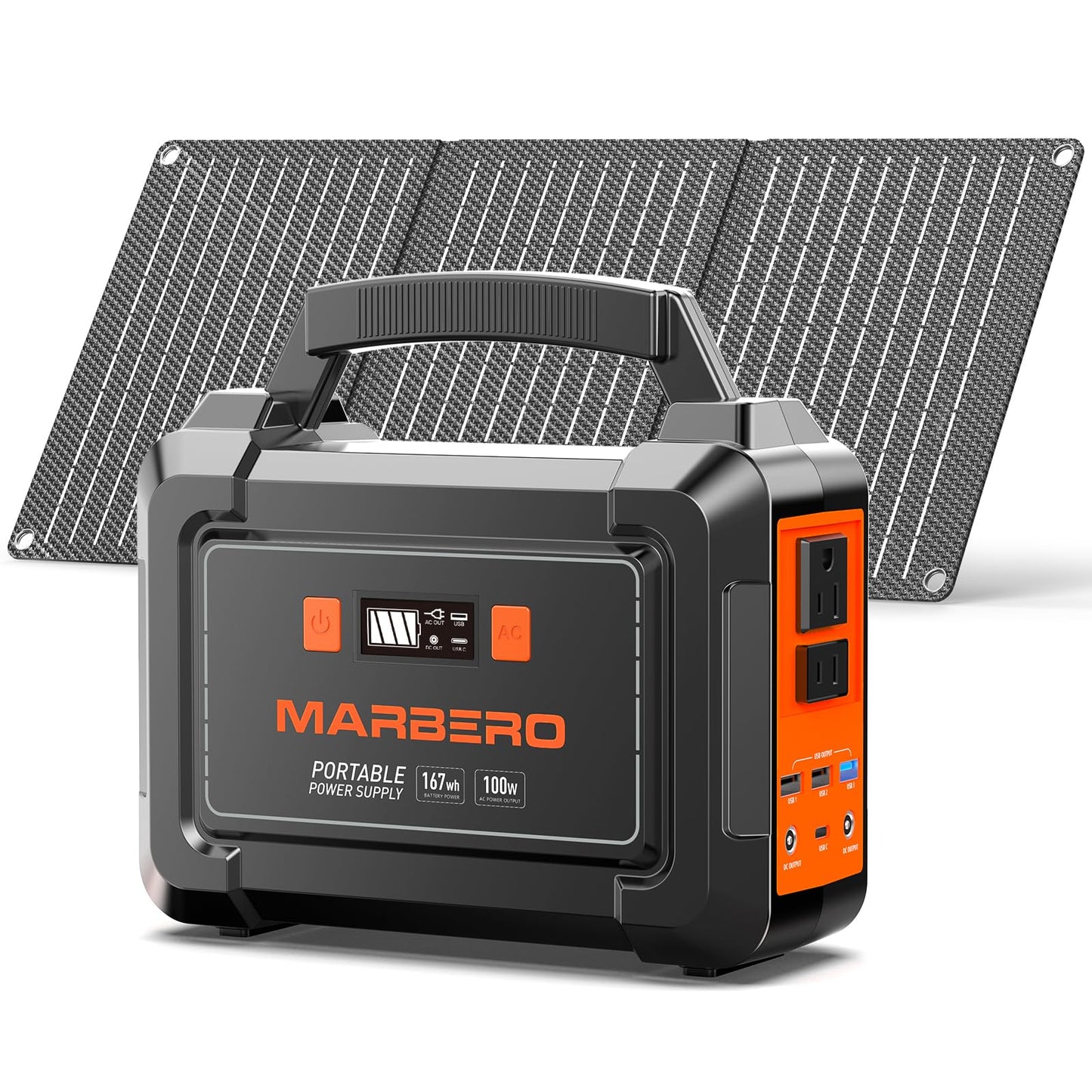 MARBERO Solar Generator 167Wh Camping Portable Power Station 200W Peak with Foldable Solar Panels 30W with AC Outlet 110V Multi-Port LED Flashlights for CPAP Home Camping Hurricane Emergency
