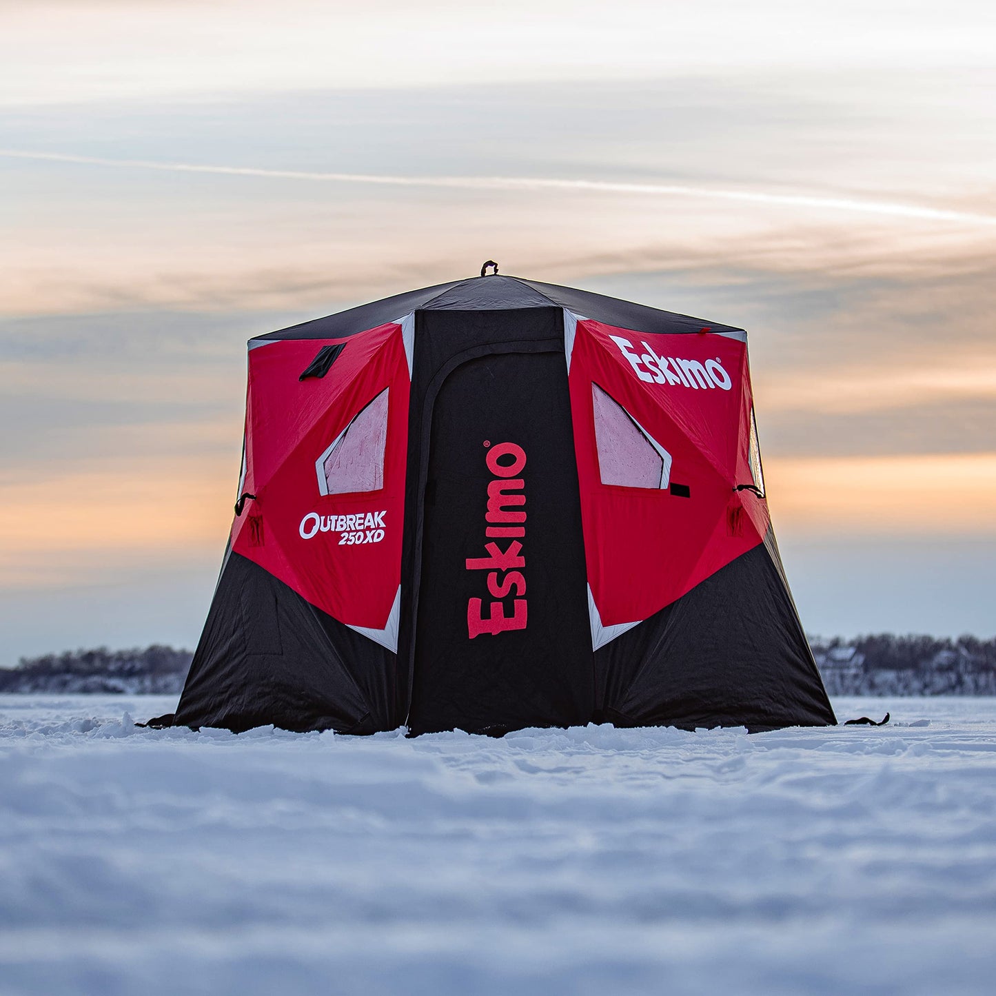 Eskimo Outbreak Portable Pop-Up Ice Fishing Shelter, Stormshield Insulated Fabric, No Trip Door, Durable Hub Design, Deluxe Tie Downs, Red/Black