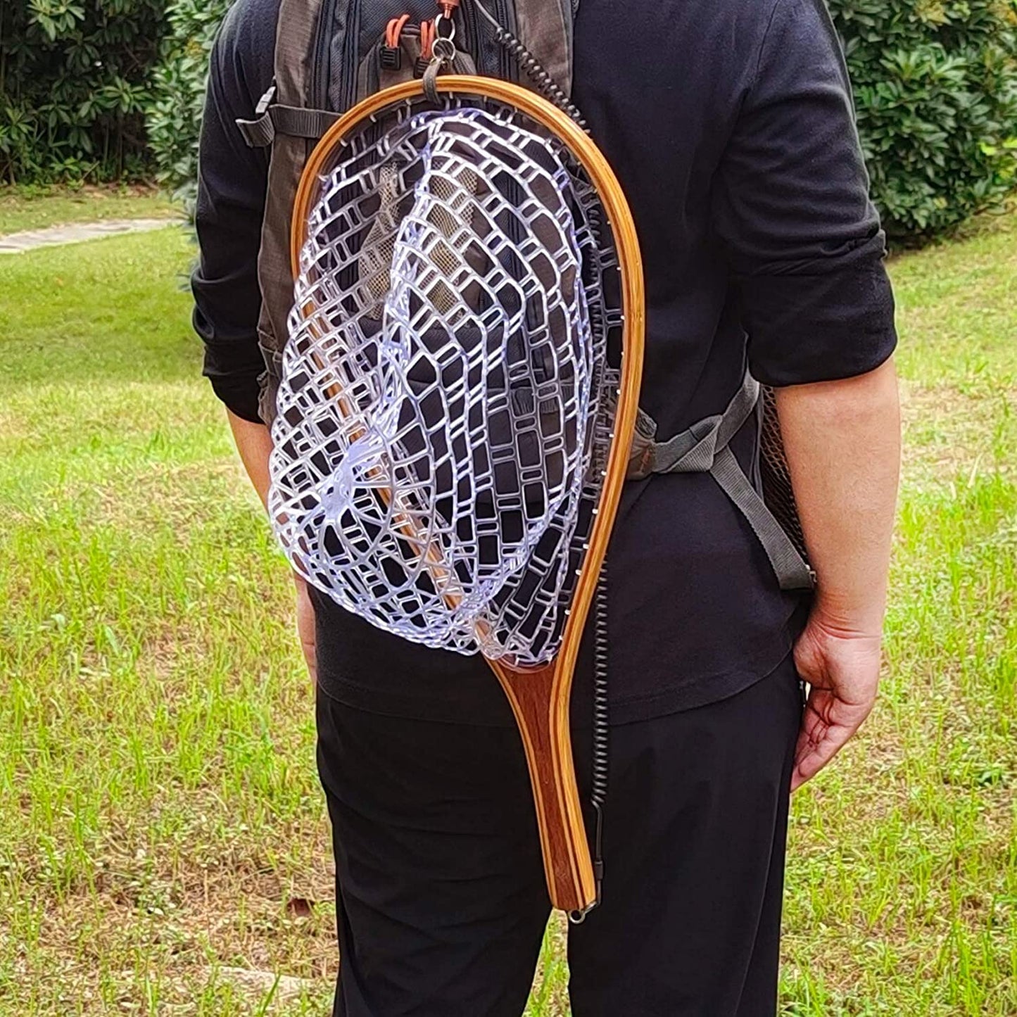 Aventik Wooden Fly Fishing Landing Net with Rubber Ghost Mesh and Magnetic Release - Catch & Release Friendly