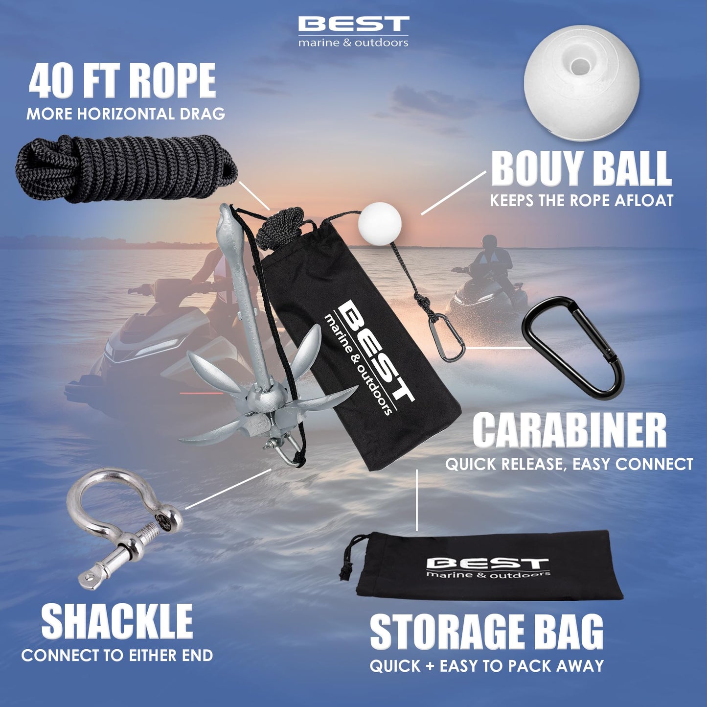 Best Marine and Outdoors Kayak Anchor, 3.5 Pound Anchor System Kit for Kayaks, Canoes, SUP Paddle Boards & Jet Skis, Fishing, Boating & Kayaking Accessories