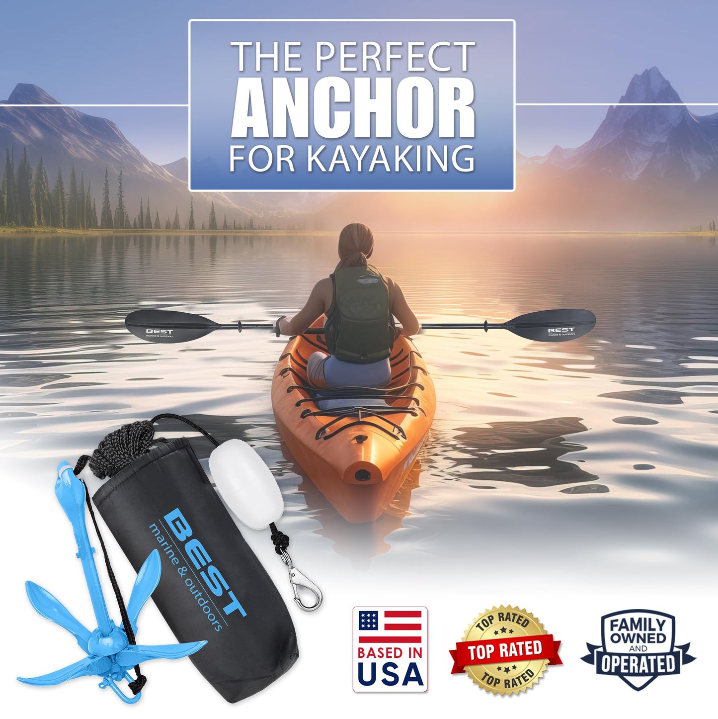 Best Marine and Outdoors Kayak Anchor, 3.5 Pound Anchor System Kit for Kayaks, Canoes, SUP Paddle Boards & Jet Skis, Fishing, Boating & Kayaking Accessories